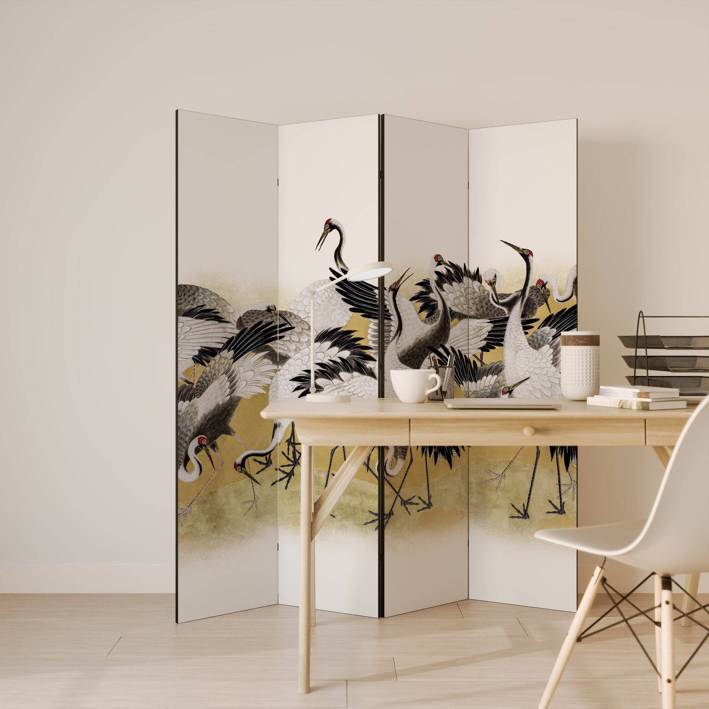 Paravento decorativo a 4 pannelli JAPANESE FLOCK OF CRANES