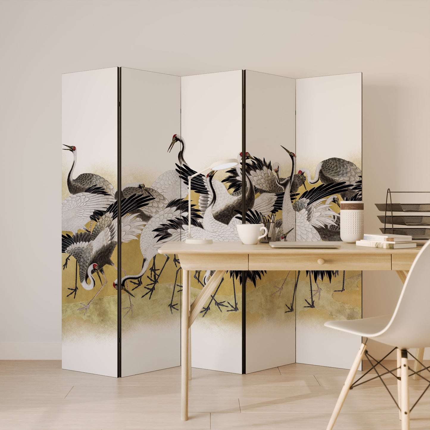 Paravento decorativo a 5 pannelli JAPANESE FLOCK OF CRANES