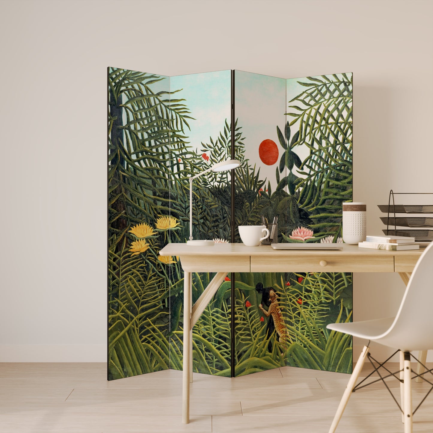 FORESTA VERGINE CON TRAMONTO - Divisorio decorativo per ambienti a 4 pannelli