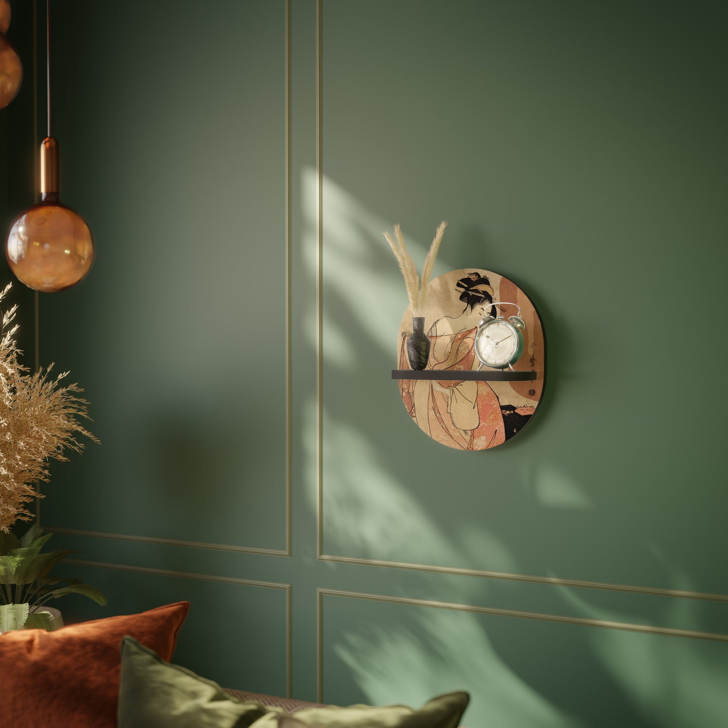 WOMAN, CAT AND EXTRA BROWN Oval Art Shelf In Black Finish
