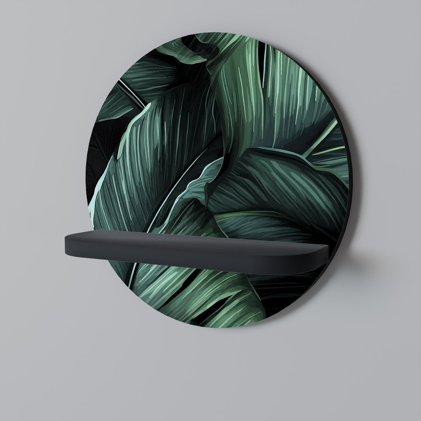 LEAFY ELEGANCE Round Art Shelf In Black Finish