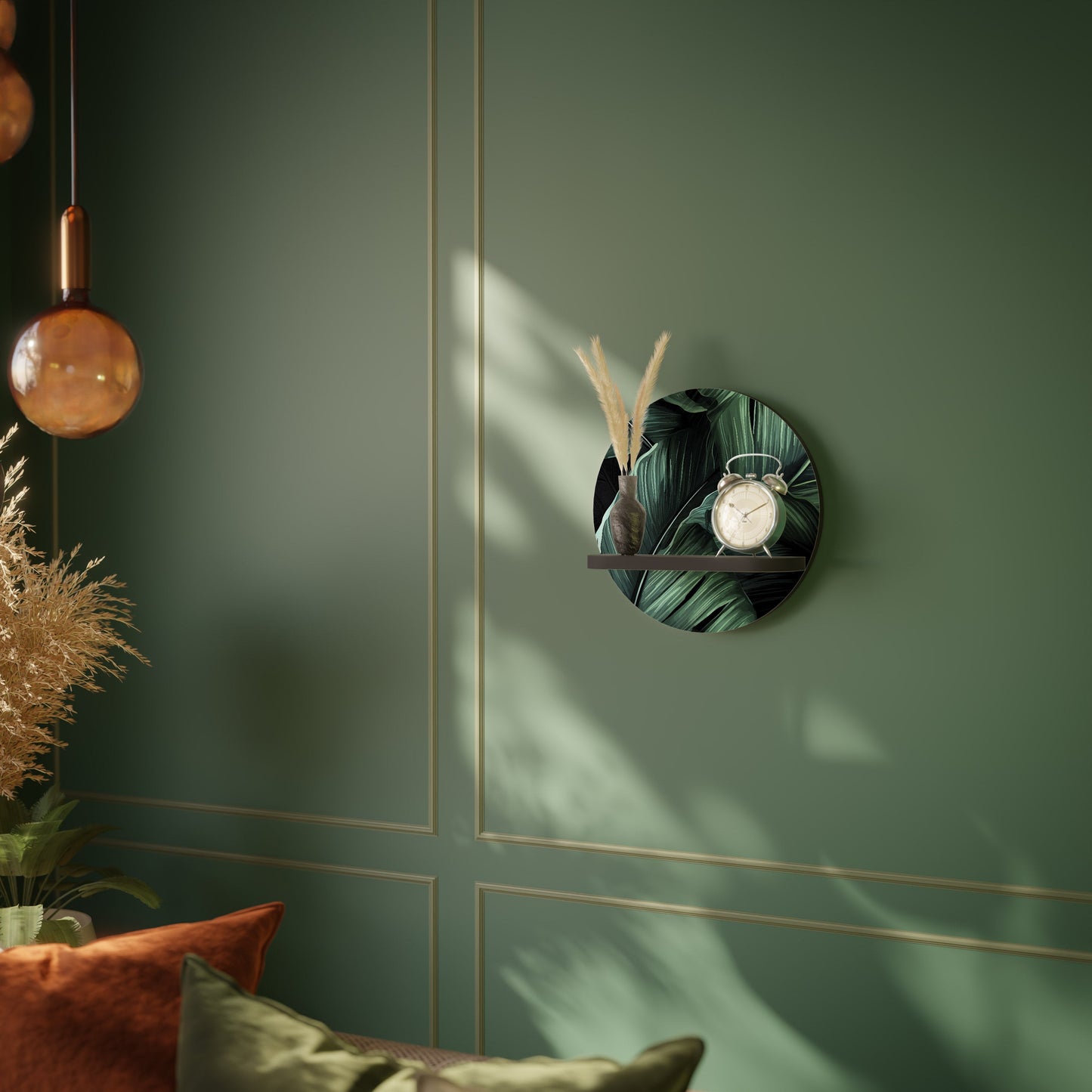 LEAFY ELEGANCE Round Art Shelf In Black Finish