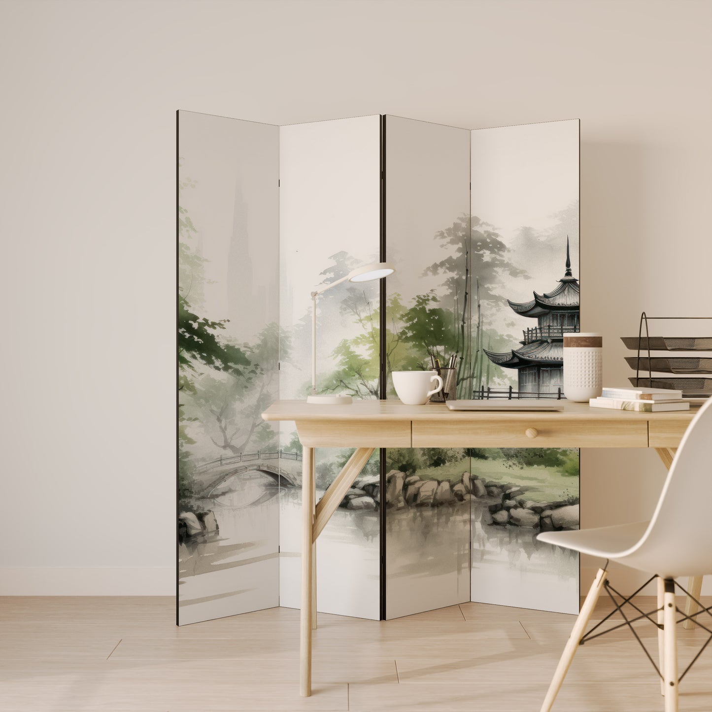 ARMONIA DI SCENA DI PAESAGGIO ACQUATICO Divisorio decorativo per ambienti a 4 pannelli