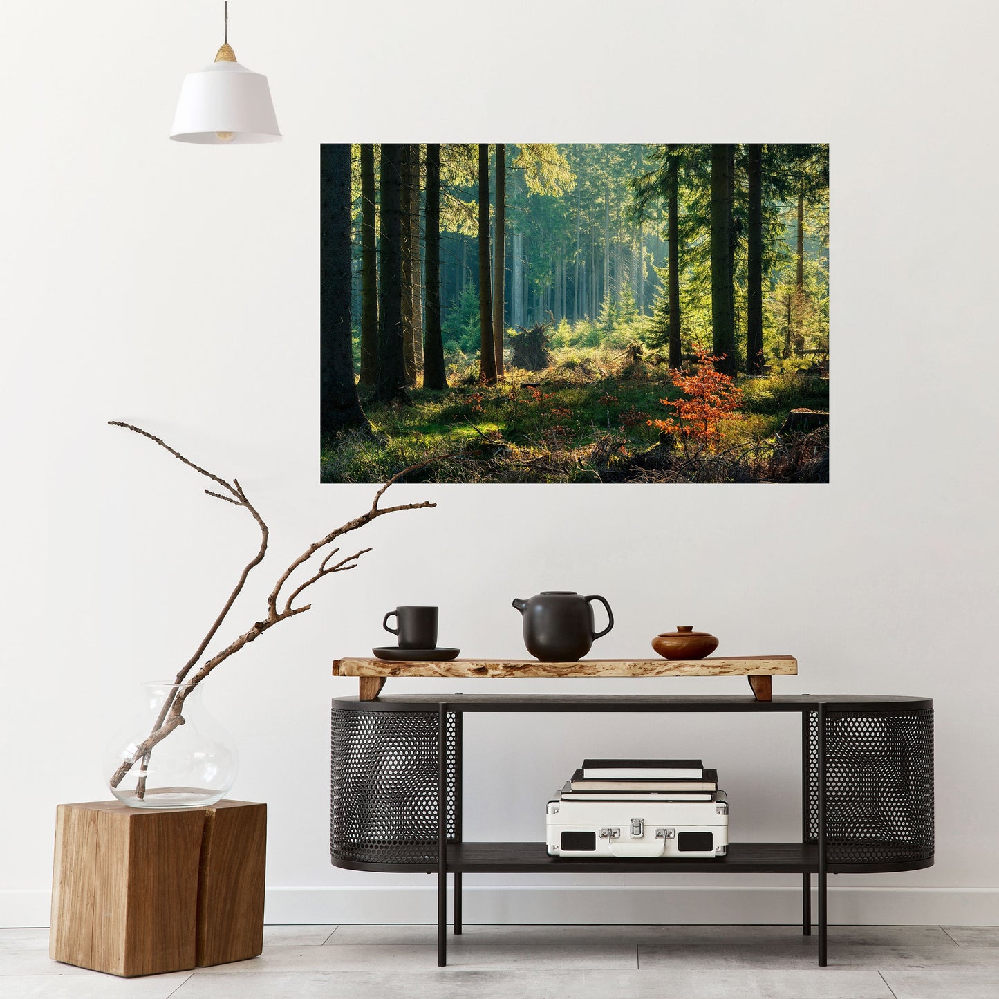 Poster orizzontale staccabile e attaccabile "Serenata nella foresta illuminata dal sole"