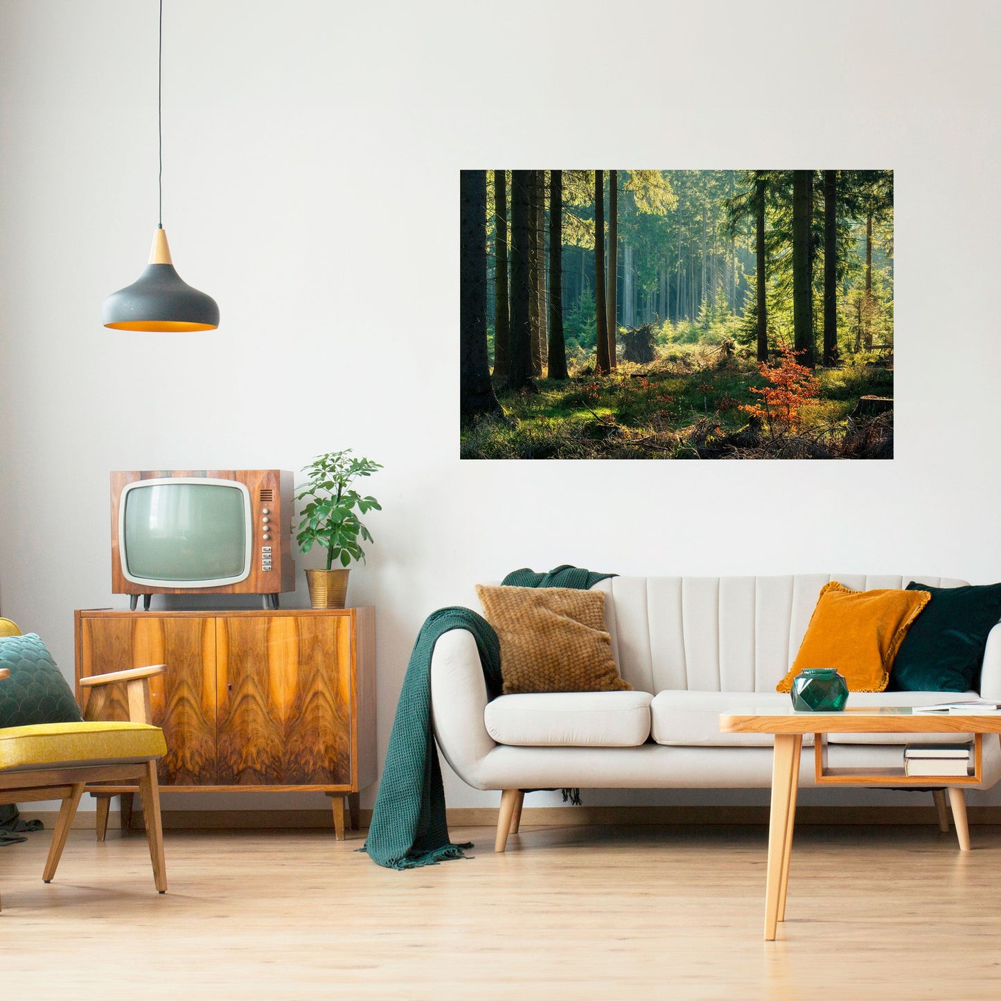 Poster orizzontale staccabile e attaccabile "Serenata nella foresta illuminata dal sole"