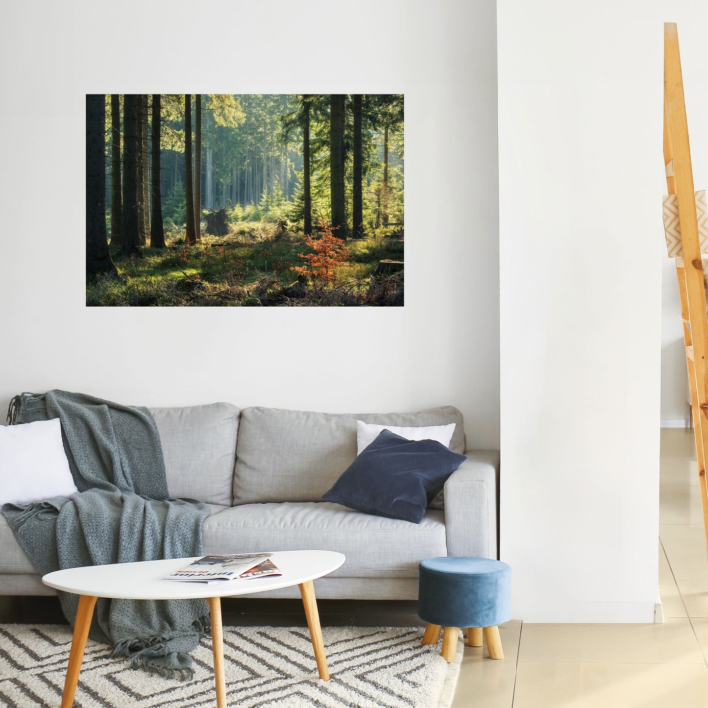Poster orizzontale staccabile e attaccabile "Serenata nella foresta illuminata dal sole"