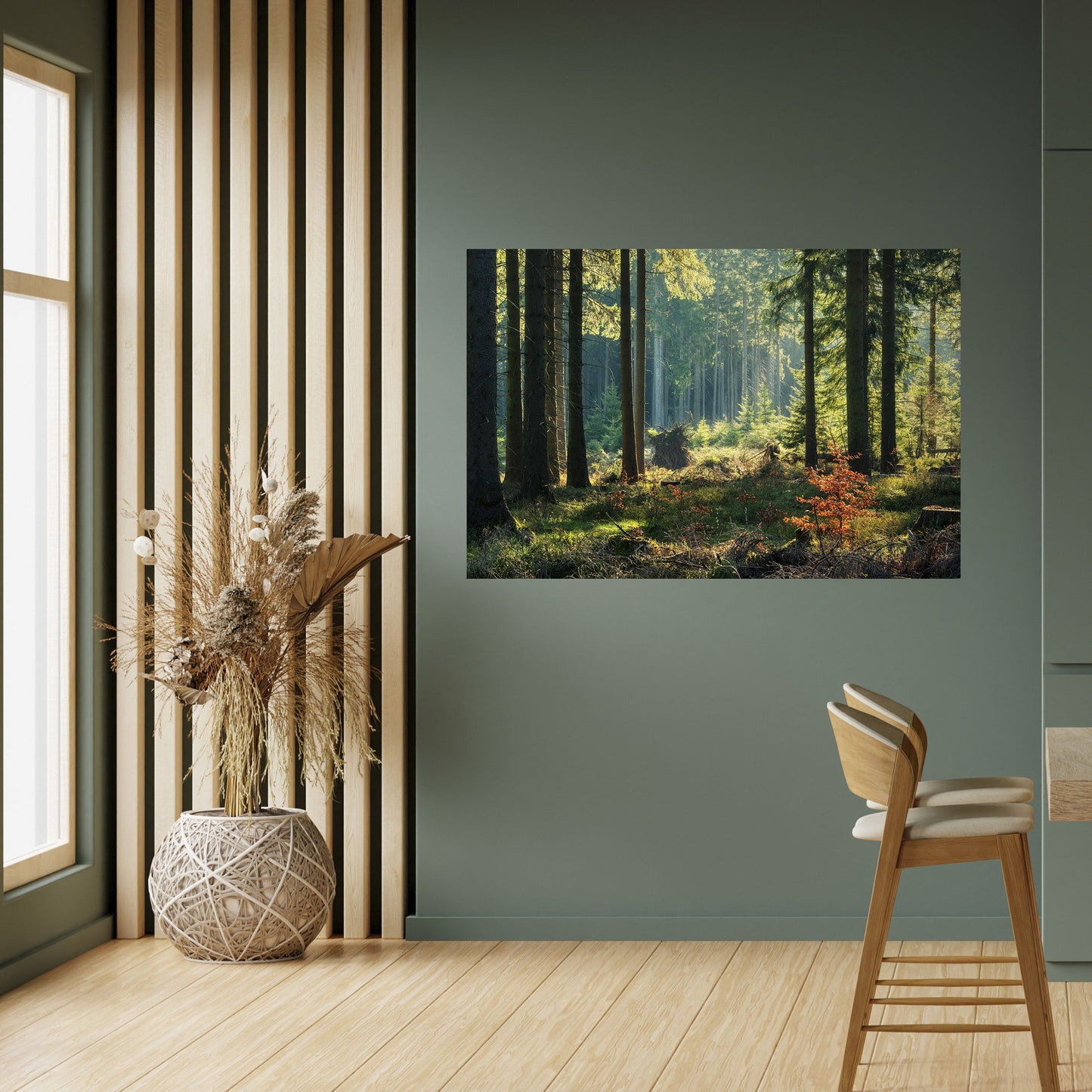 Poster orizzontale staccabile e attaccabile "Serenata nella foresta illuminata dal sole"