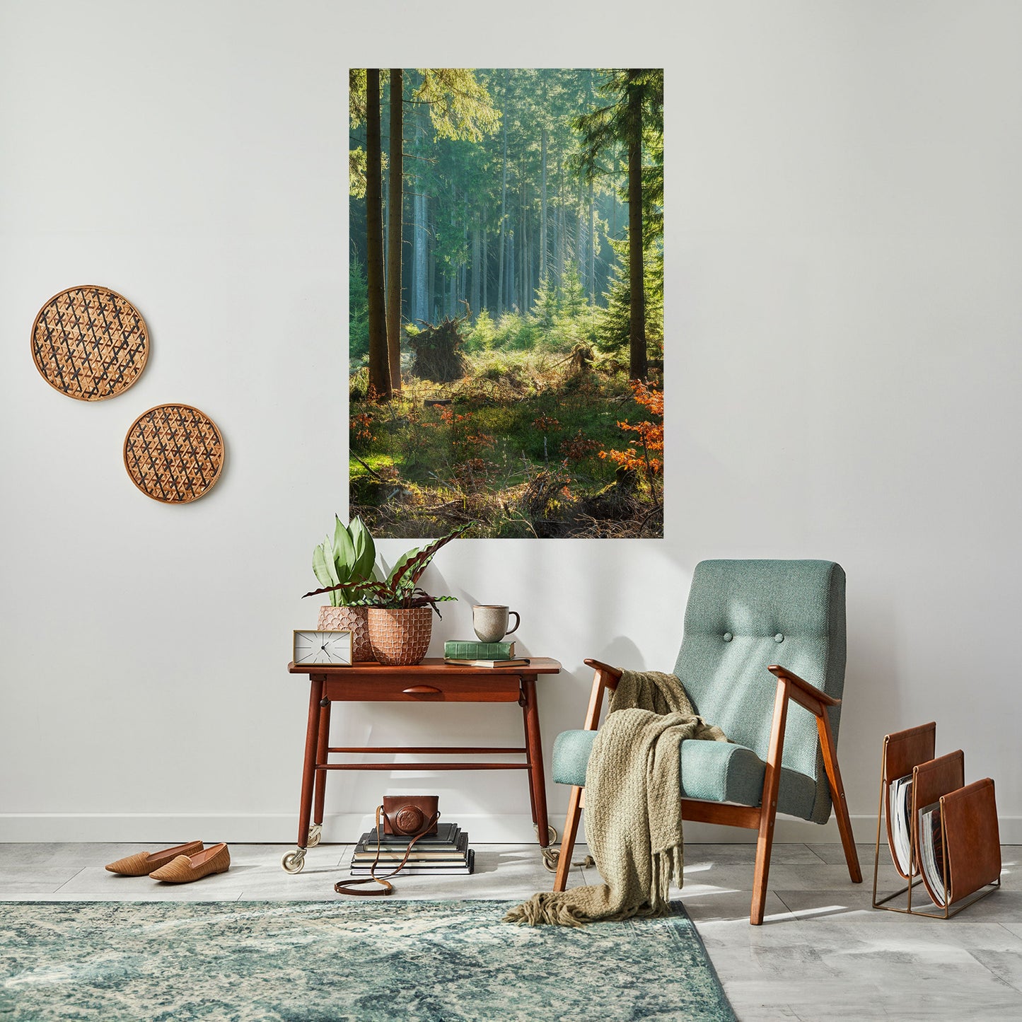 Poster verticale staccabile e attaccabile "Serenata nella foresta illuminata dal sole"
