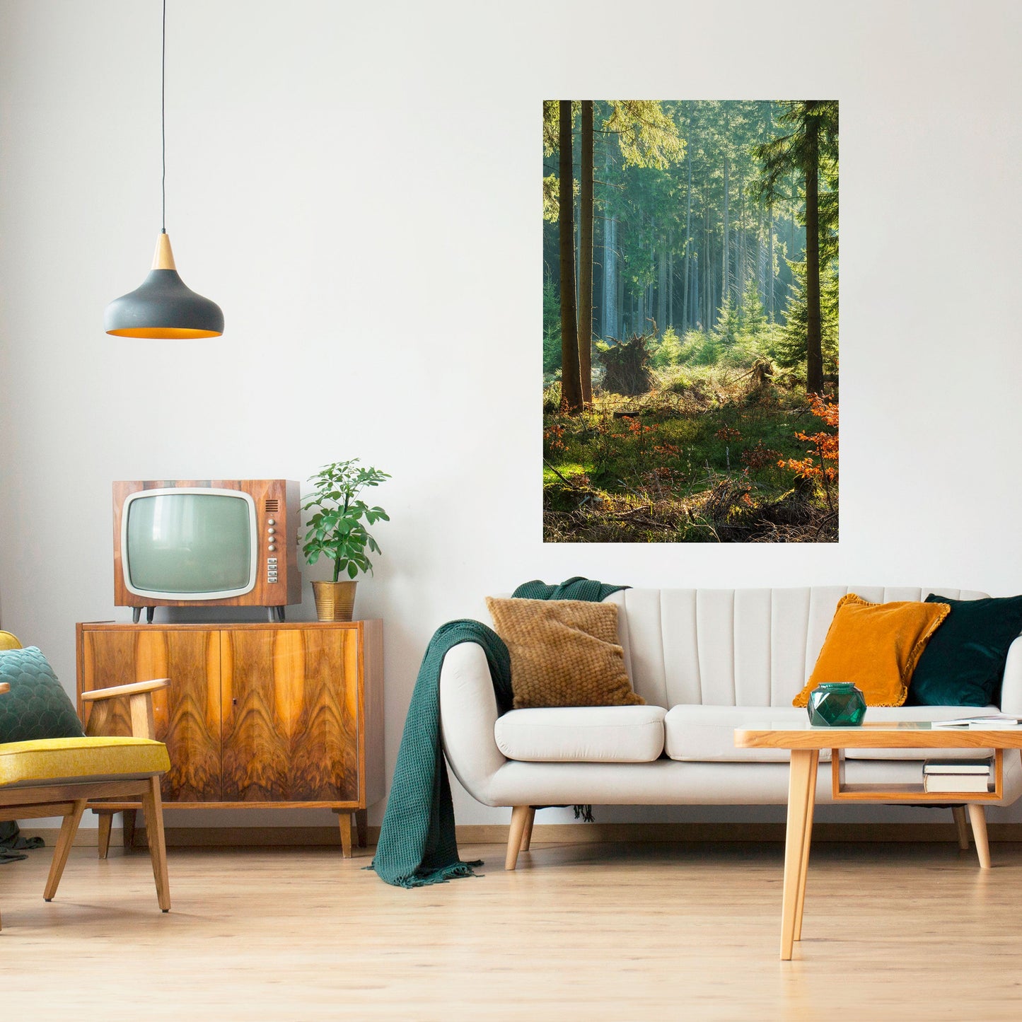 Poster verticale staccabile e attaccabile "Serenata nella foresta illuminata dal sole"