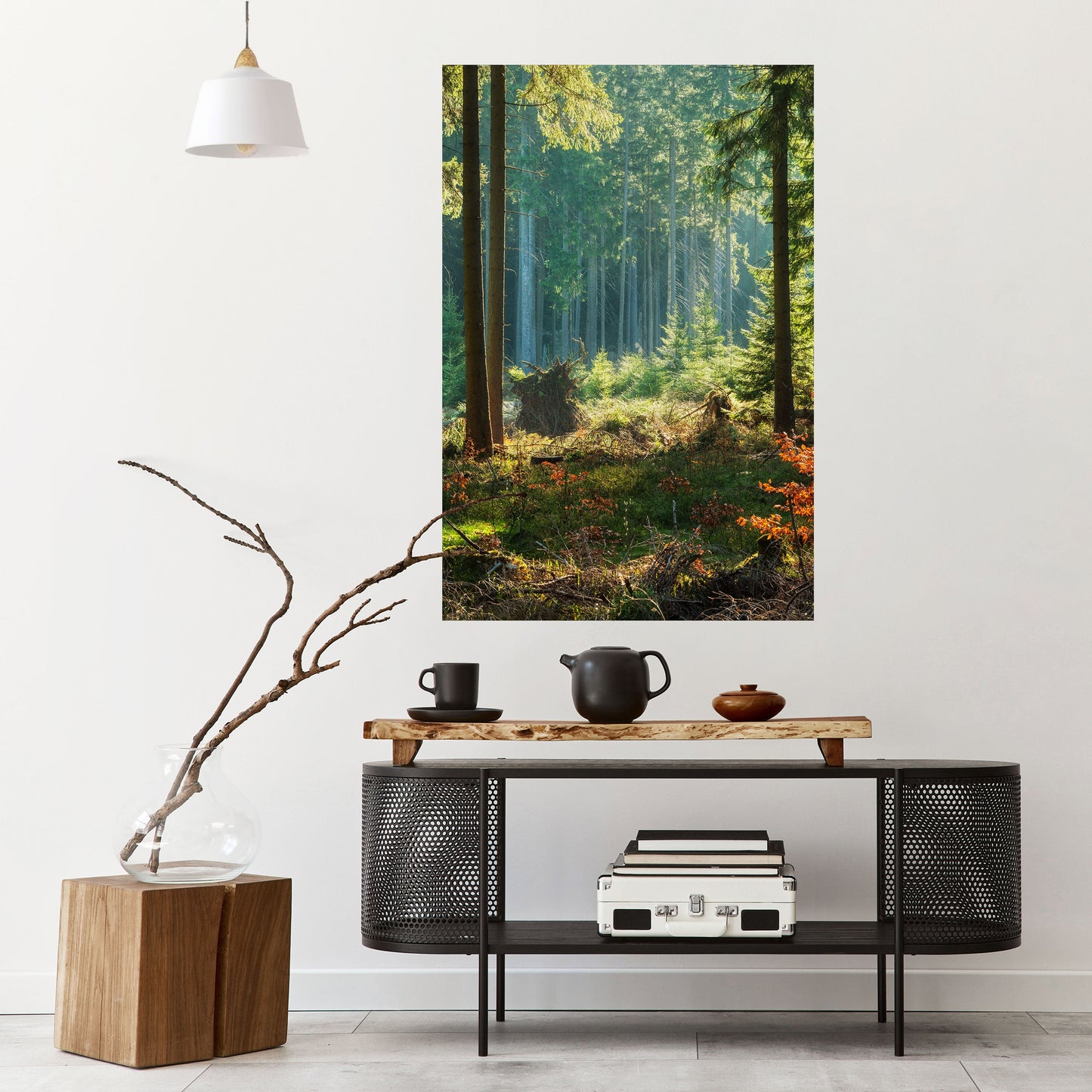 Poster verticale staccabile e attaccabile "Serenata nella foresta illuminata dal sole"