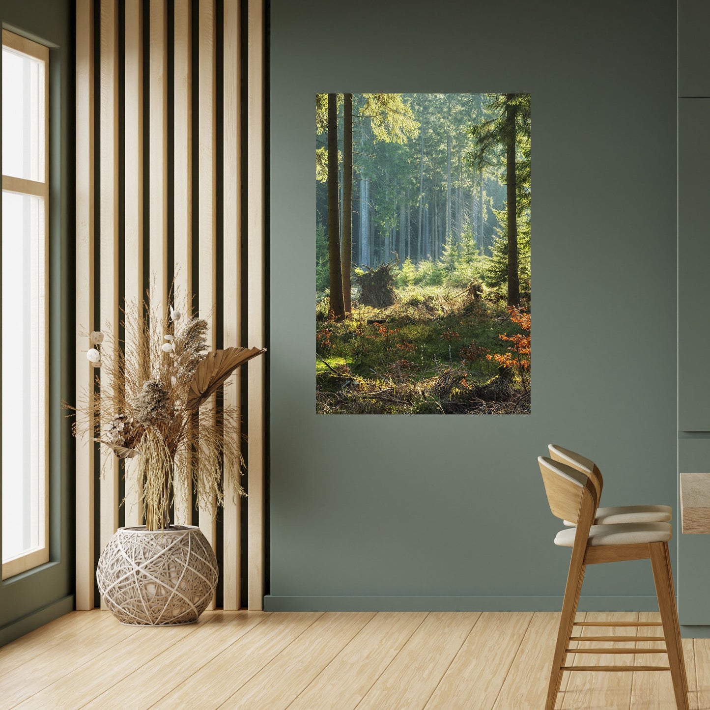 Poster verticale staccabile e attaccabile "Serenata nella foresta illuminata dal sole"