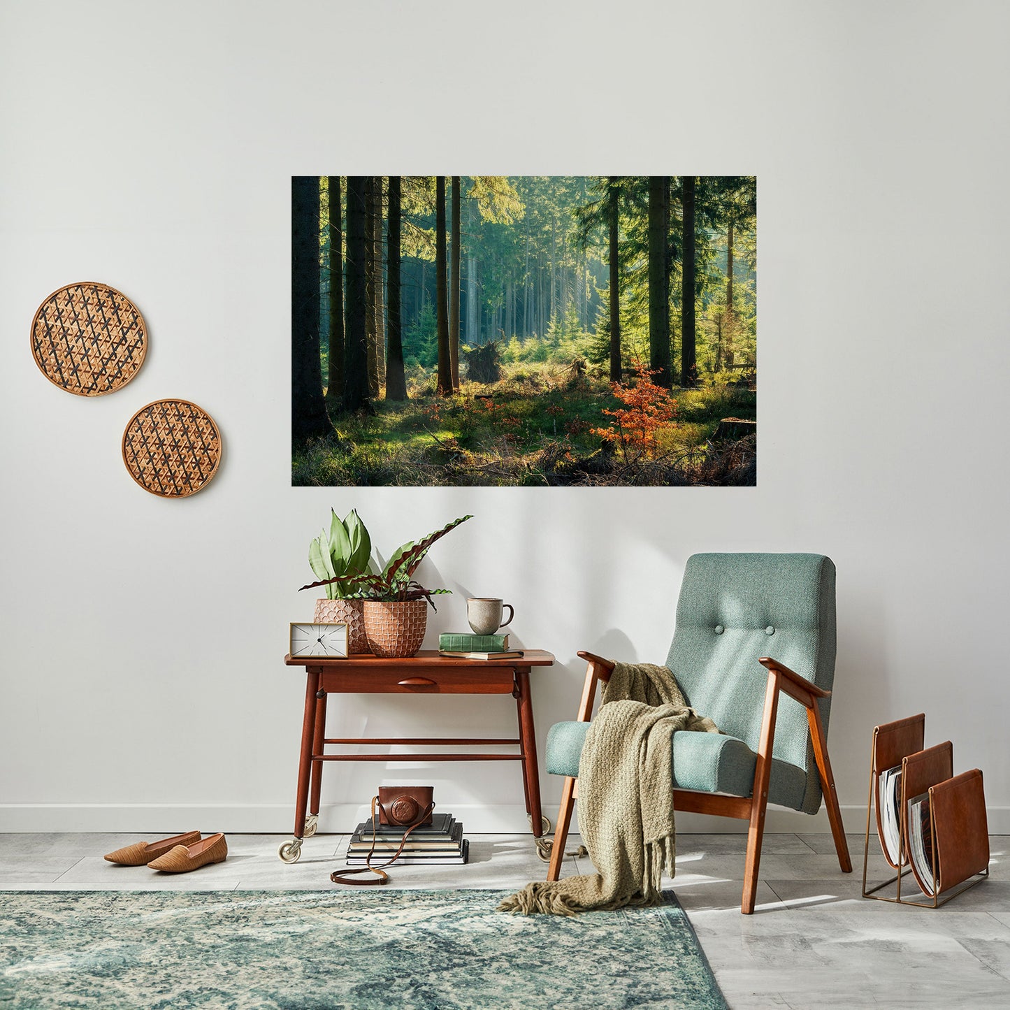 Poster orizzontale staccabile e attaccabile "Serenata nella foresta illuminata dal sole"