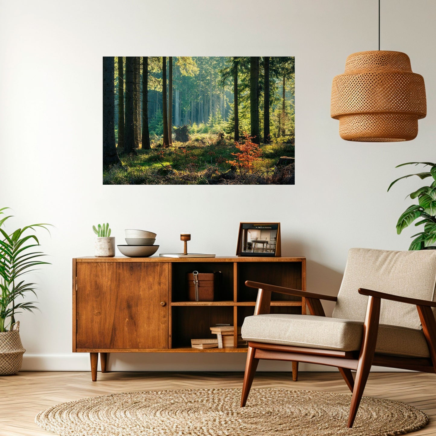 Poster orizzontale staccabile e attaccabile "Serenata nella foresta illuminata dal sole"