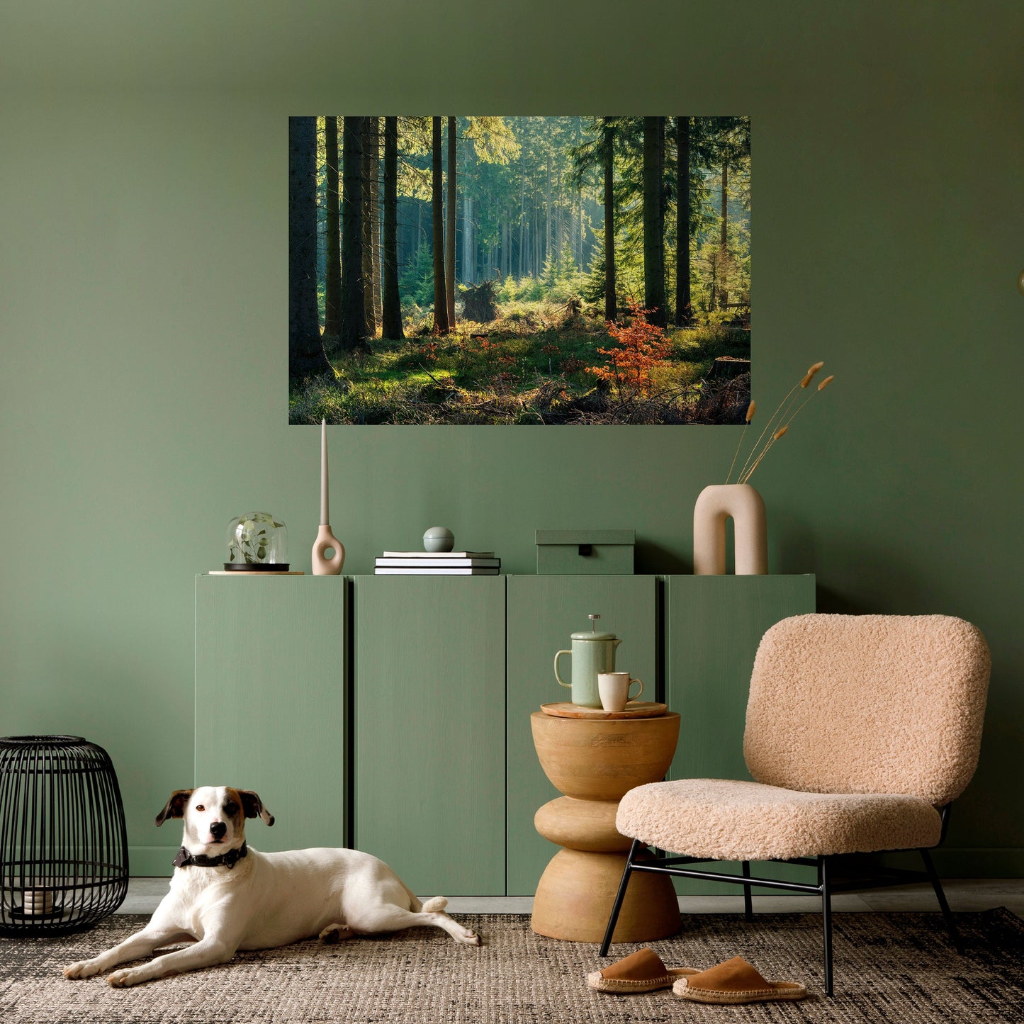 Poster orizzontale staccabile e attaccabile "Serenata nella foresta illuminata dal sole"