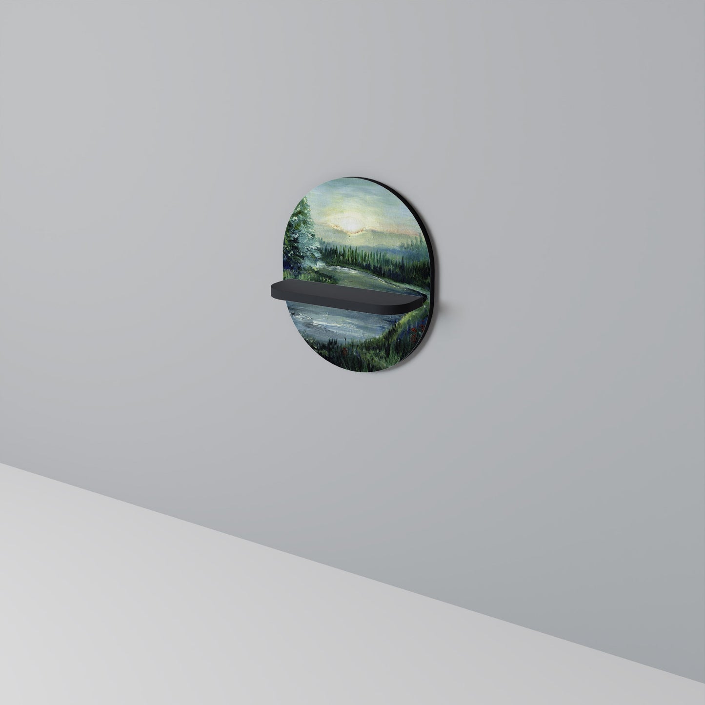 FOREST SUNSET Oval Art Shelf In Black Finish