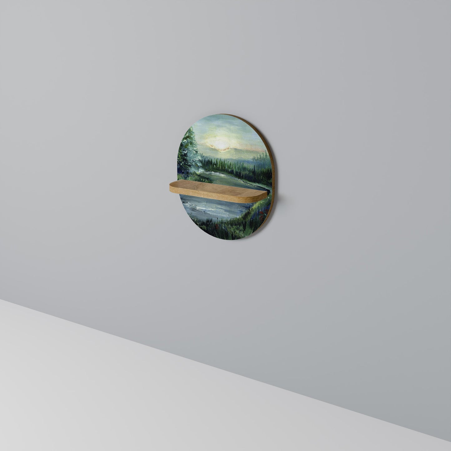 FOREST SUNSET Oval Art Shelf In Oak Effect