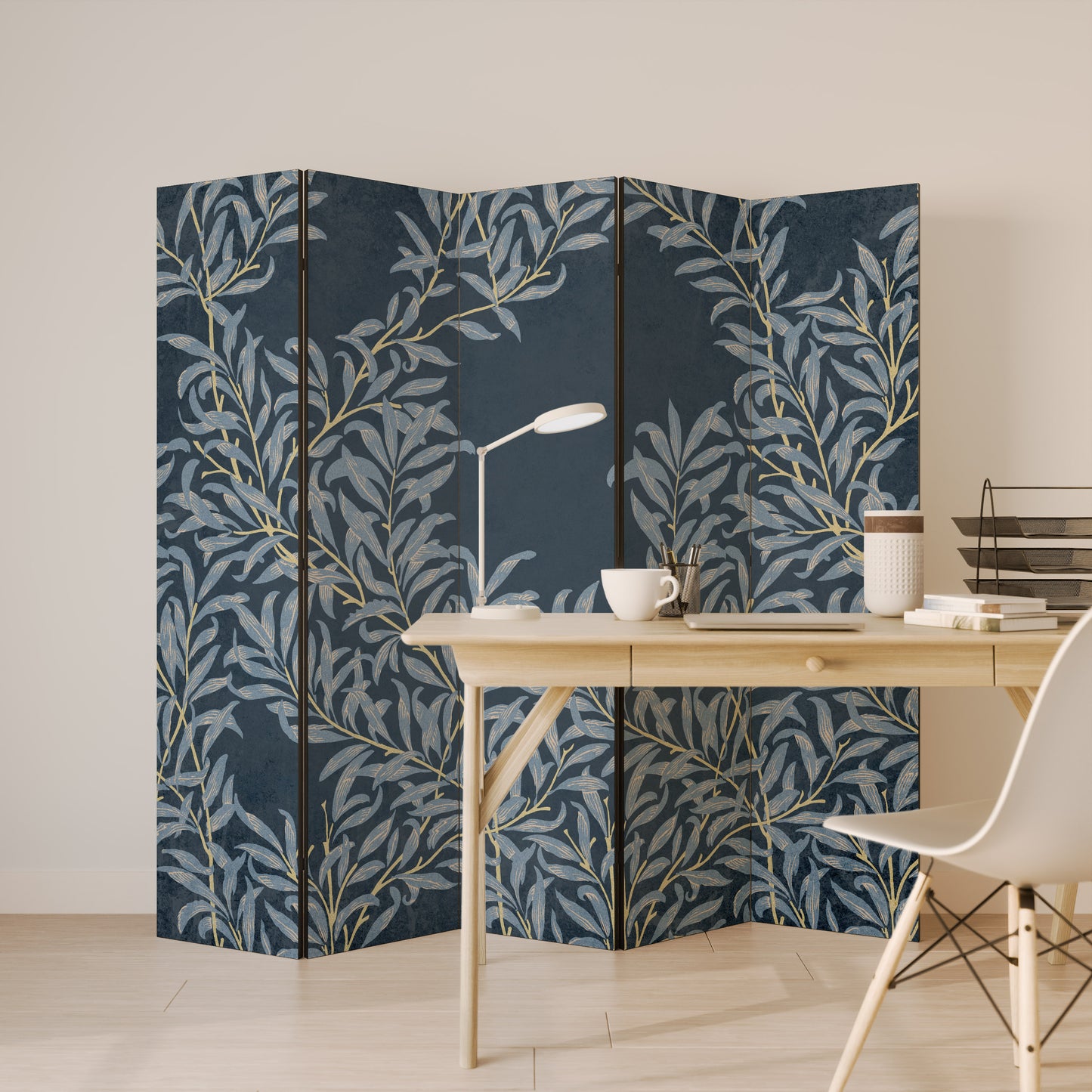 Divisorio decorativo per ambienti a 5 pannelli BLUE LEAVES
