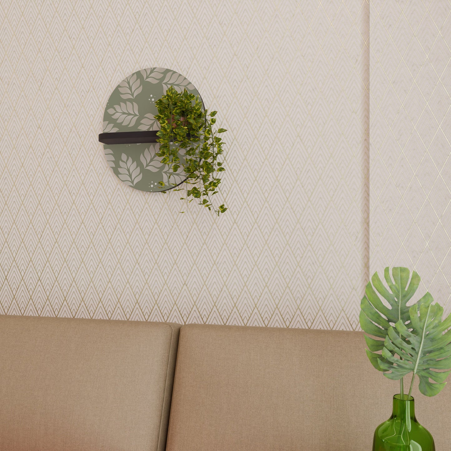 LEAVES ON GREEN Oval Art Shelf In Black Finish