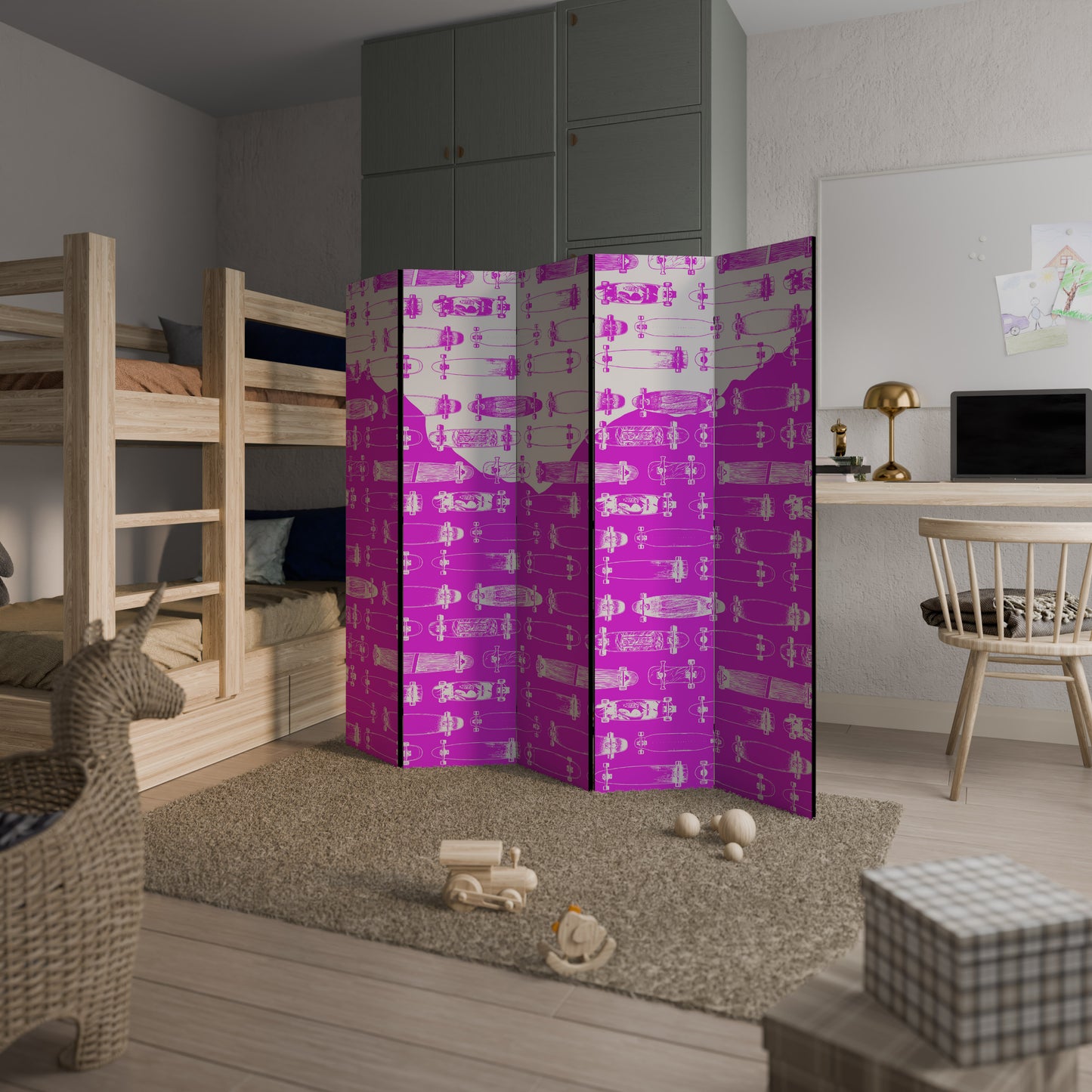 Divisorio decorativo per ambienti a 5 pannelli SKATEBOARD MAGENTA