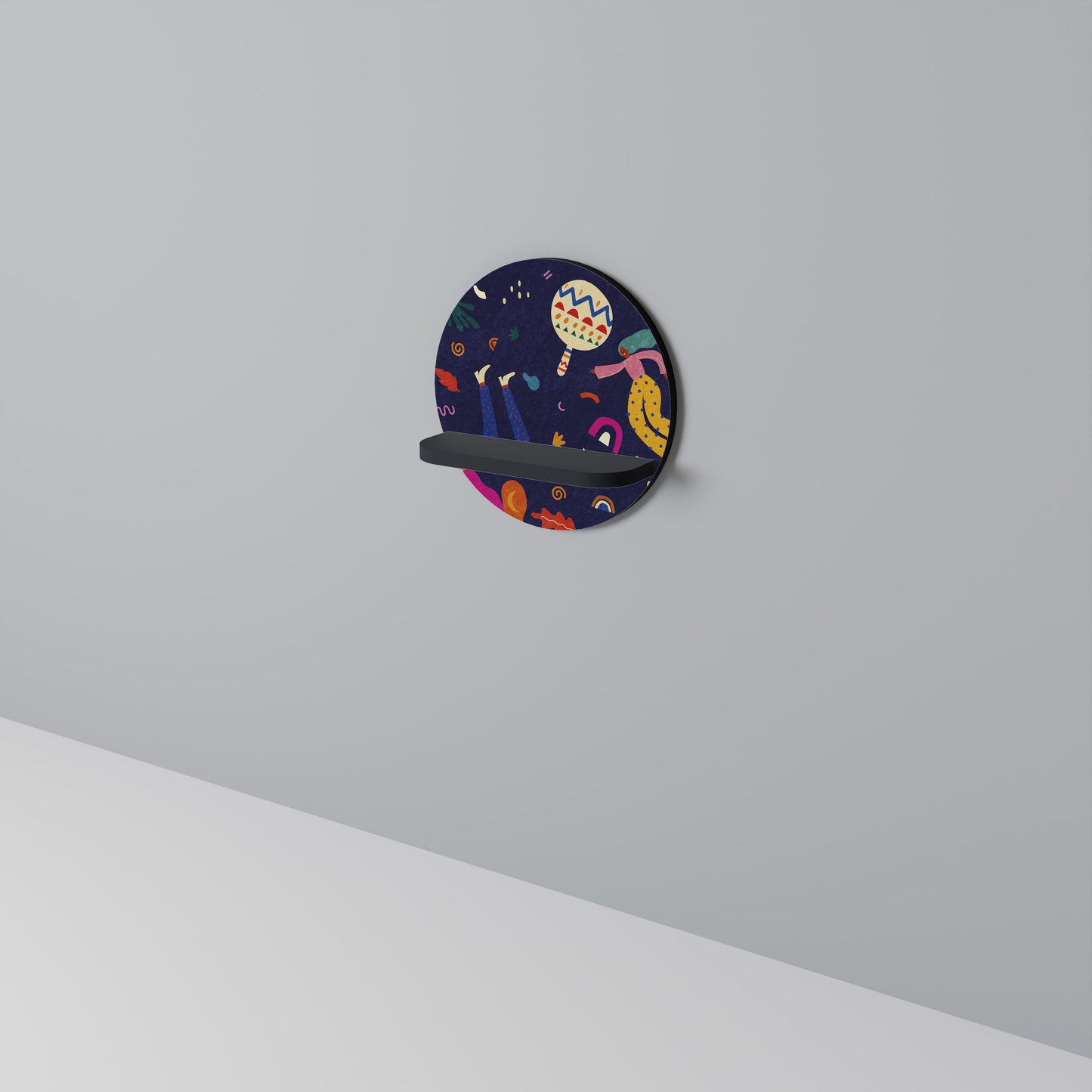 FESTIVE PLEASURES Round Art Shelf In Black Finish