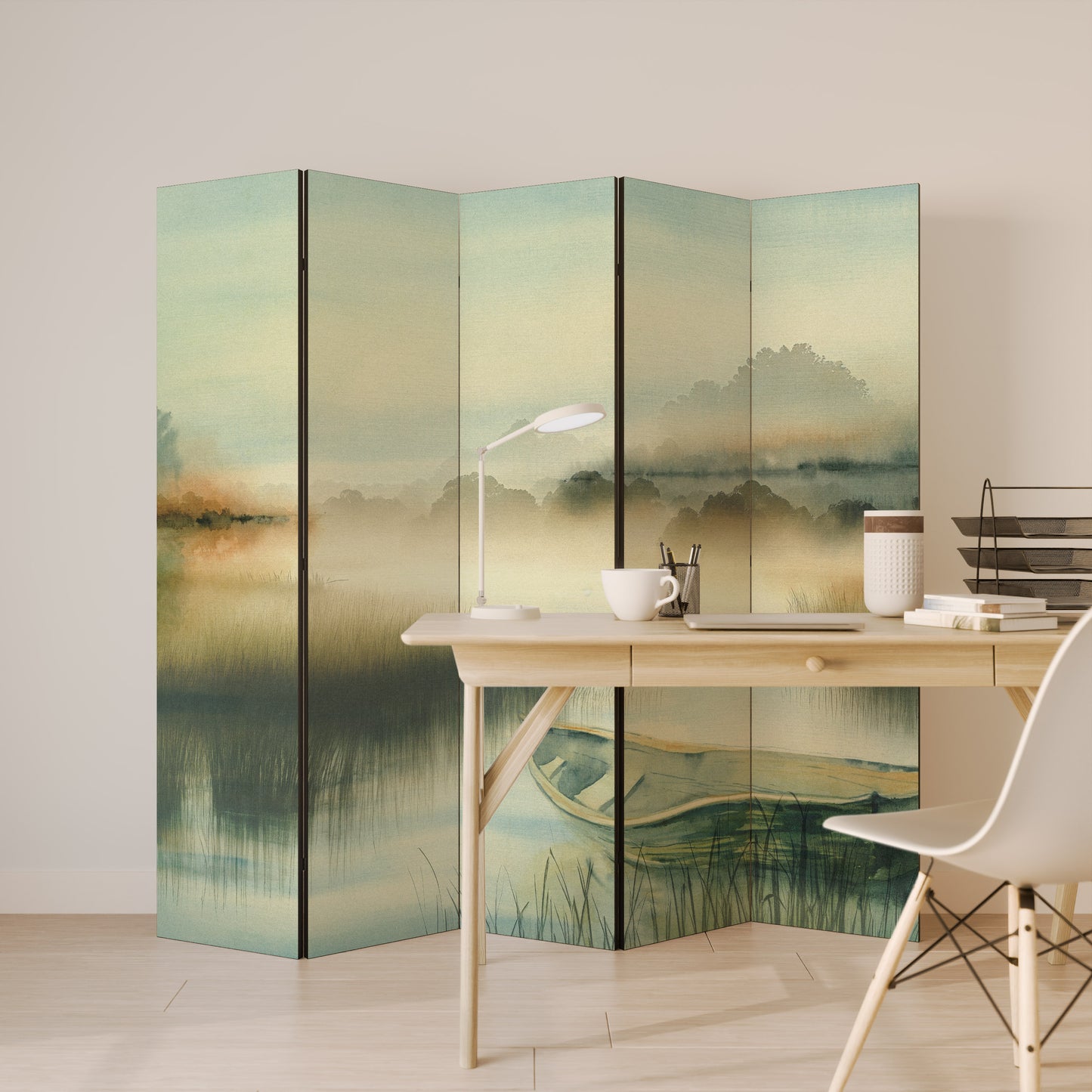 MORNING BY THE LAKE Divisorio decorativo per ambienti a 5 pannelli