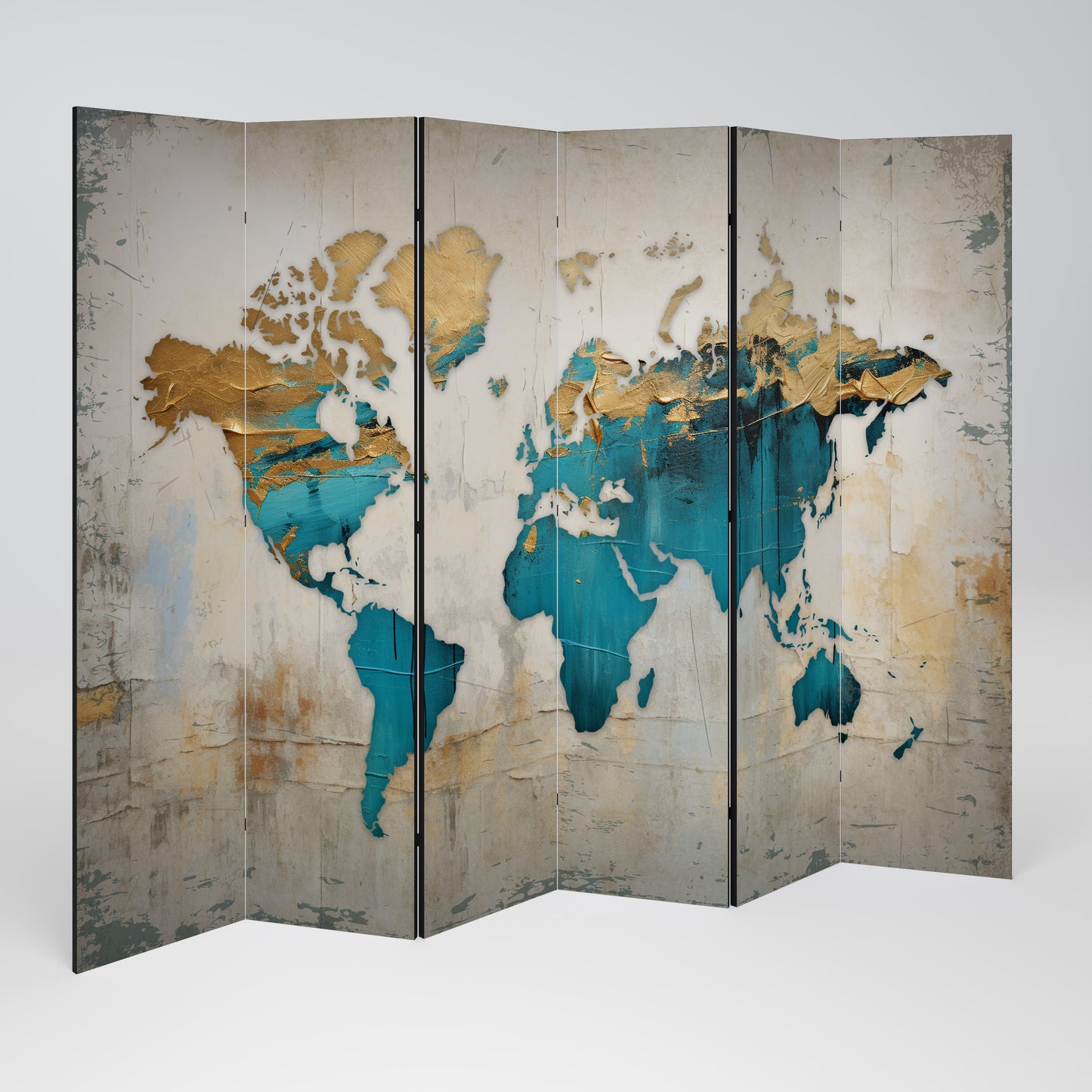 MAPPA DORATA AZZURRA Divisorio decorativo per ambienti a 6 pannelli