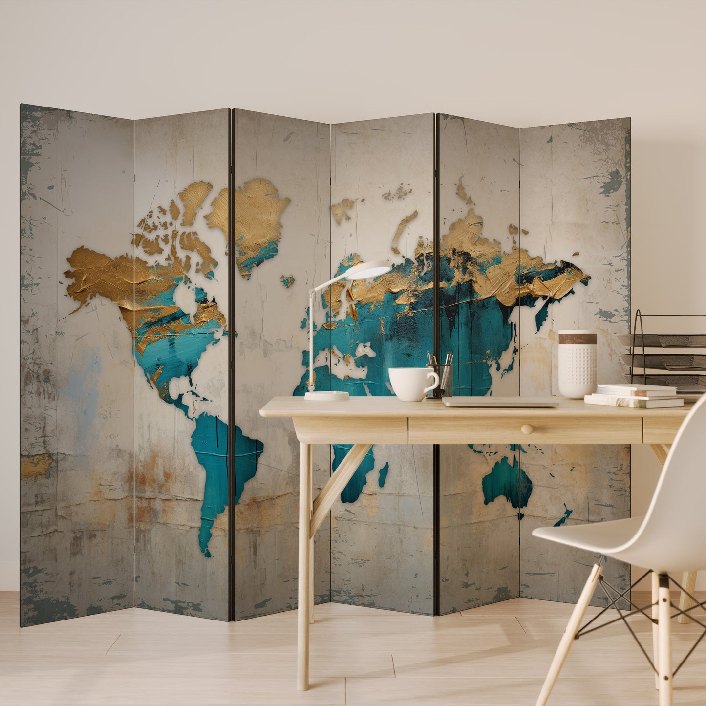 MAPPA DORATA AZZURRA Divisorio decorativo per ambienti a 6 pannelli