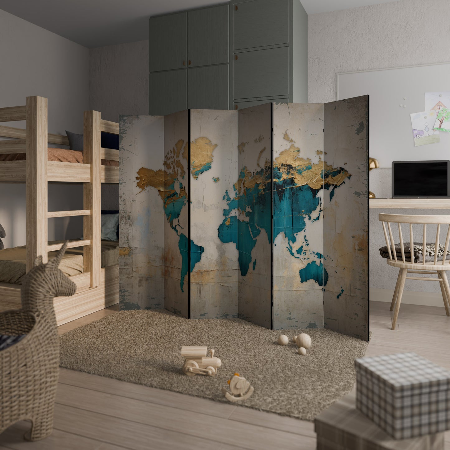 MAPPA DORATA AZZURRA Divisorio decorativo per ambienti a 6 pannelli