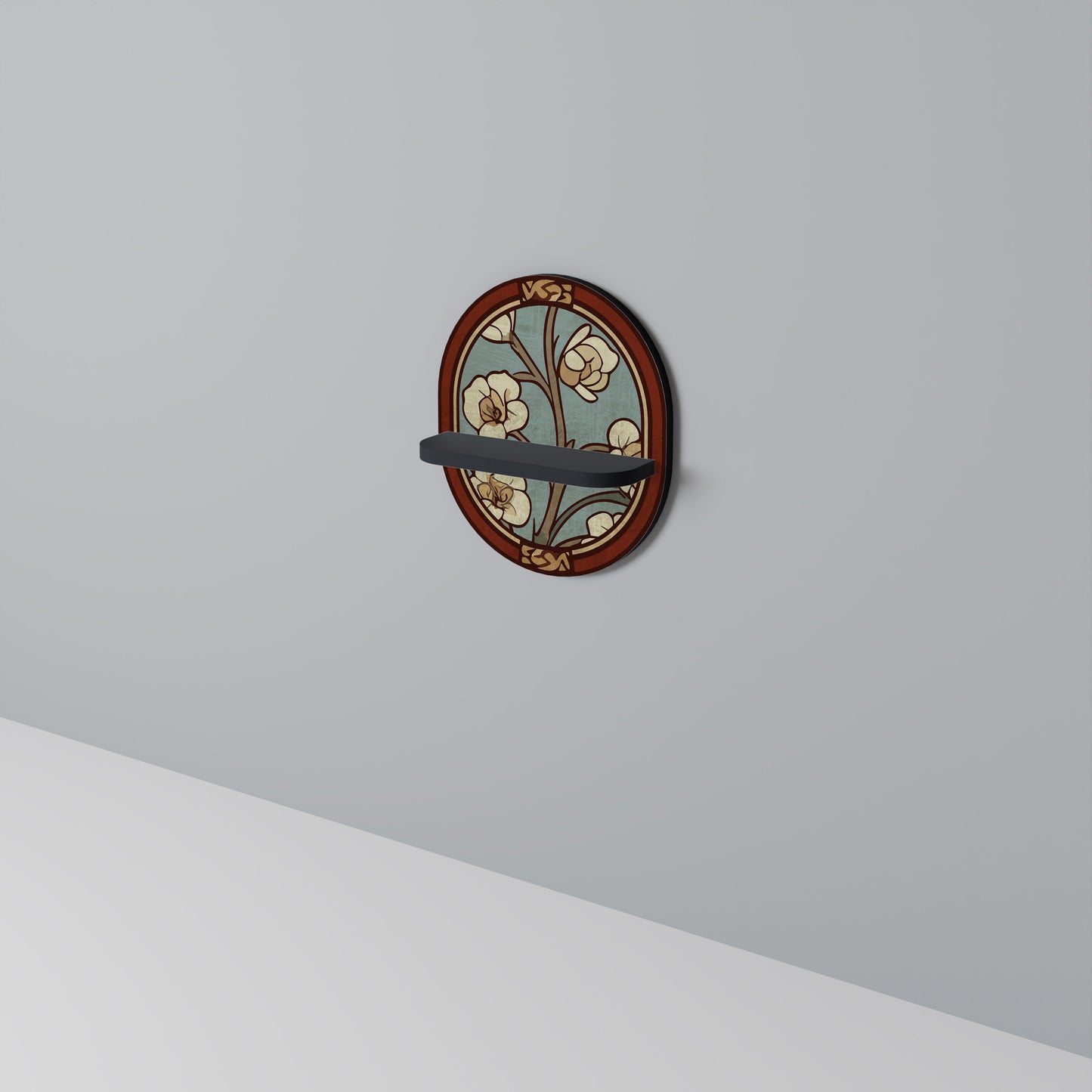 ORNATE PETALS Oval Art Shelf In Black Finish
