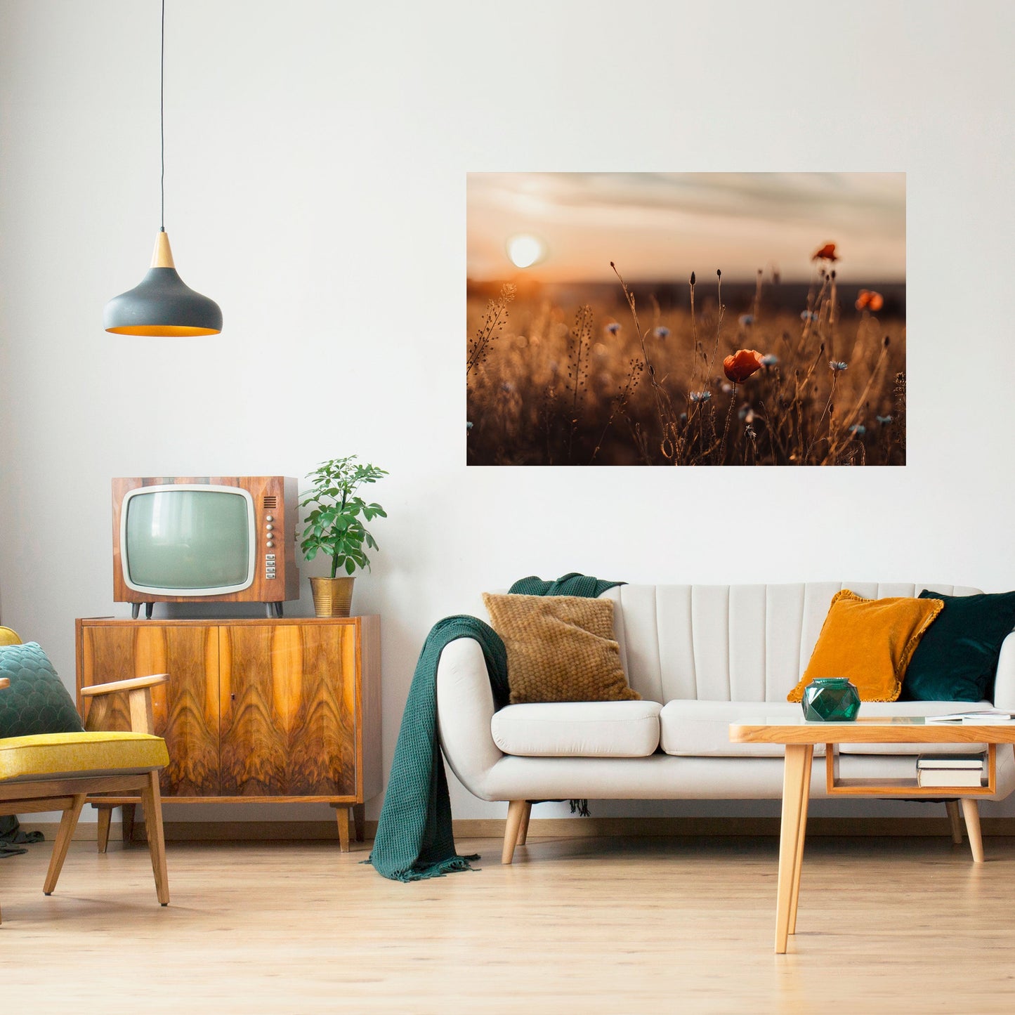 Poster orizzontale staccabile e attaccabile "PRATI LUMINOSI AL TRAMONTO"