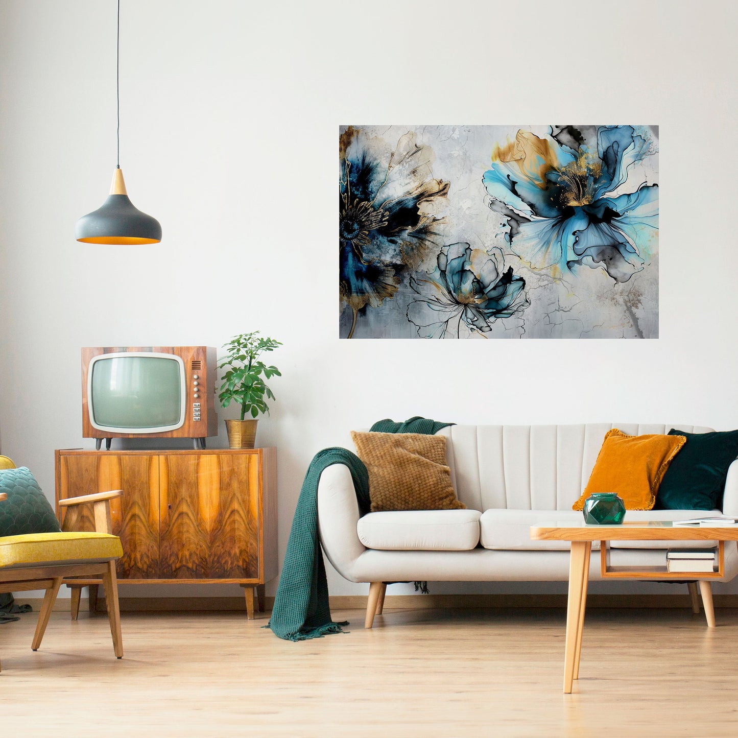 Poster orizzontale staccabile e attaccabile "COBALT BLOSSOMS"