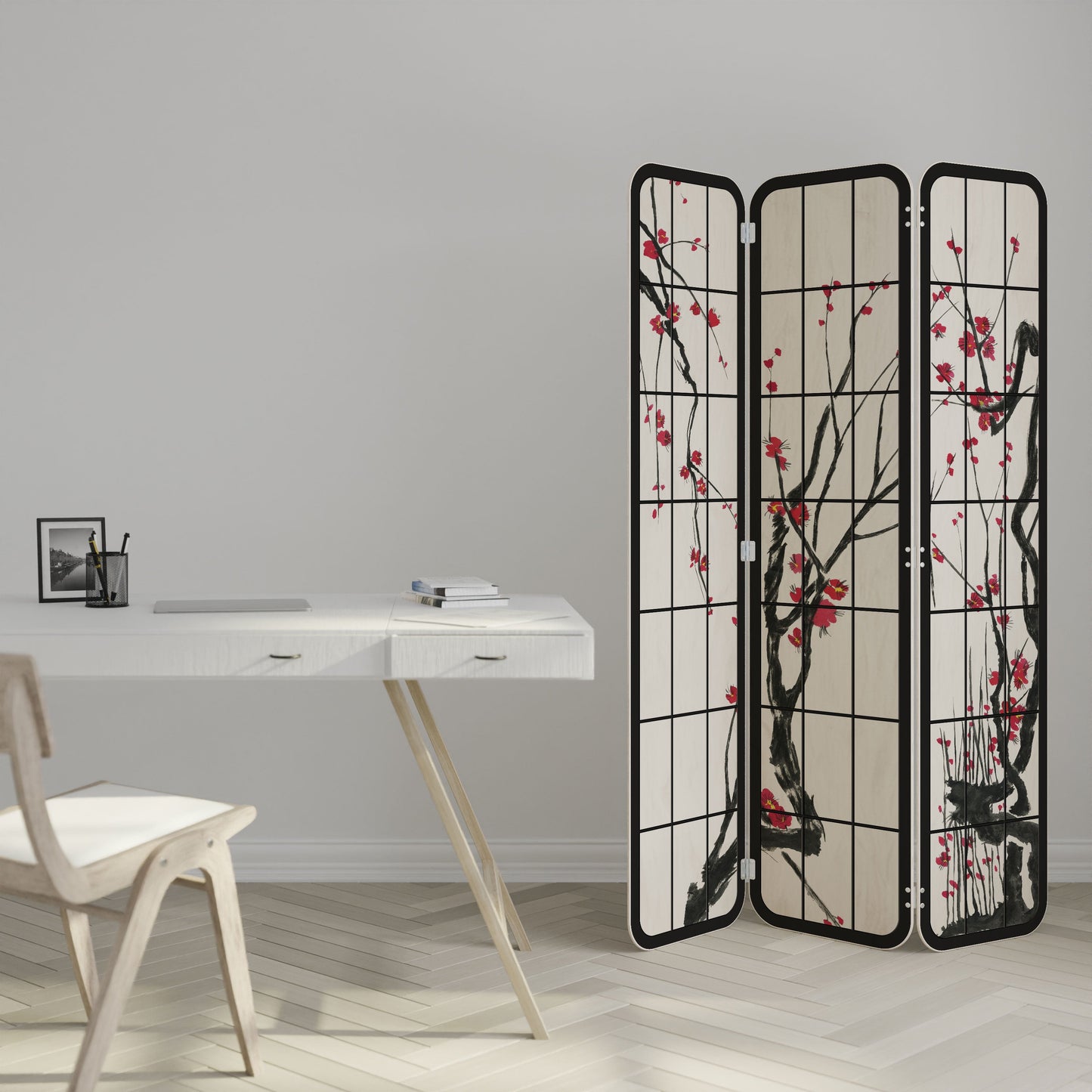 Divisorio per ambienti in compensato a 3 pannelli JAPANESE BLOSSOMS