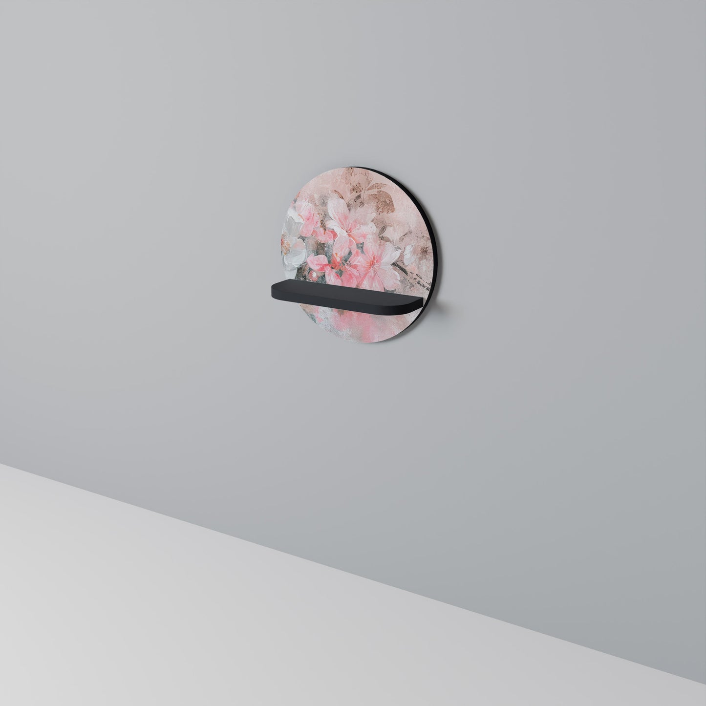 CHERRY BLOSSOM Round Art Shelf In Black Finish