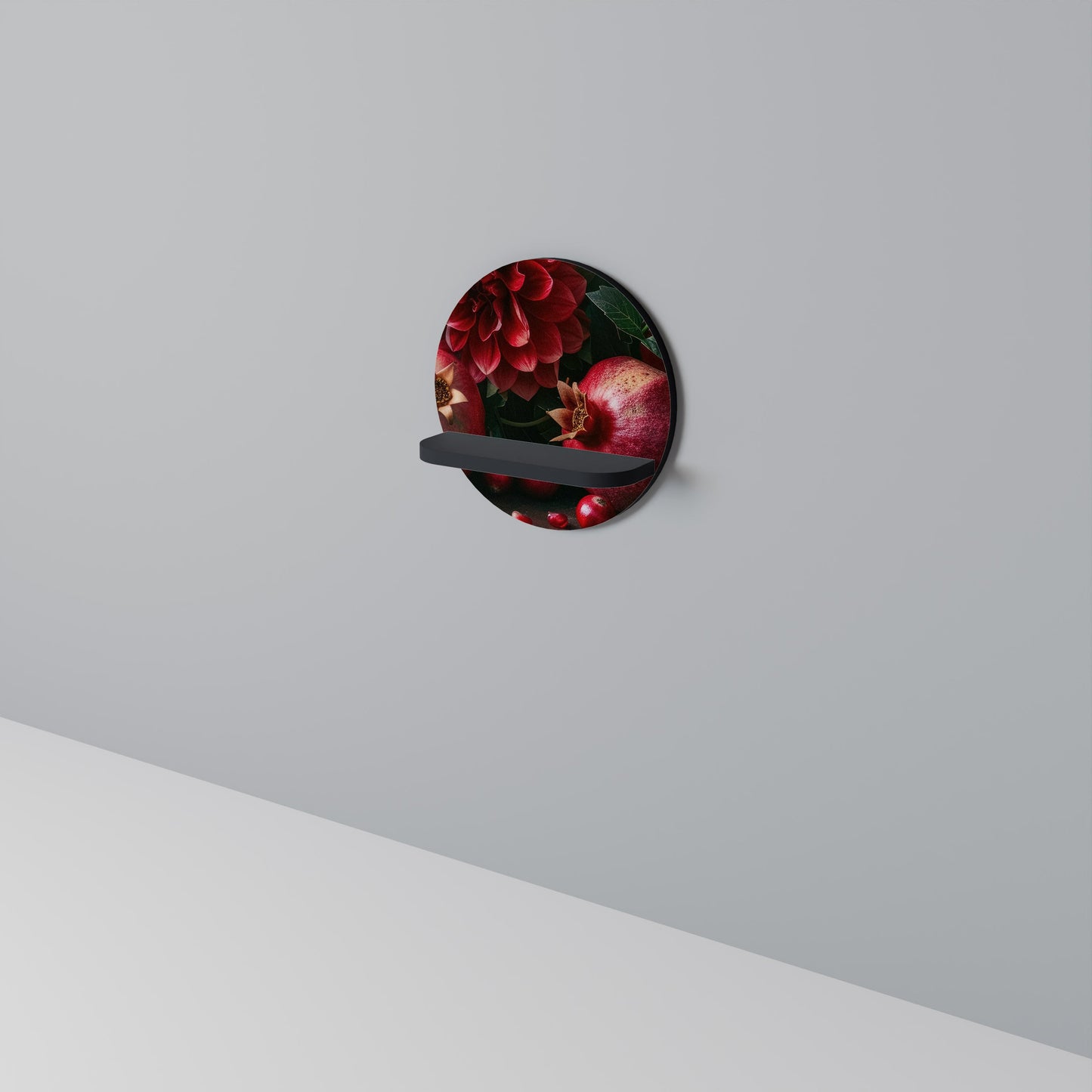 DAHLIAS AND POMEGRANATES Round Art Shelf In Black Finish