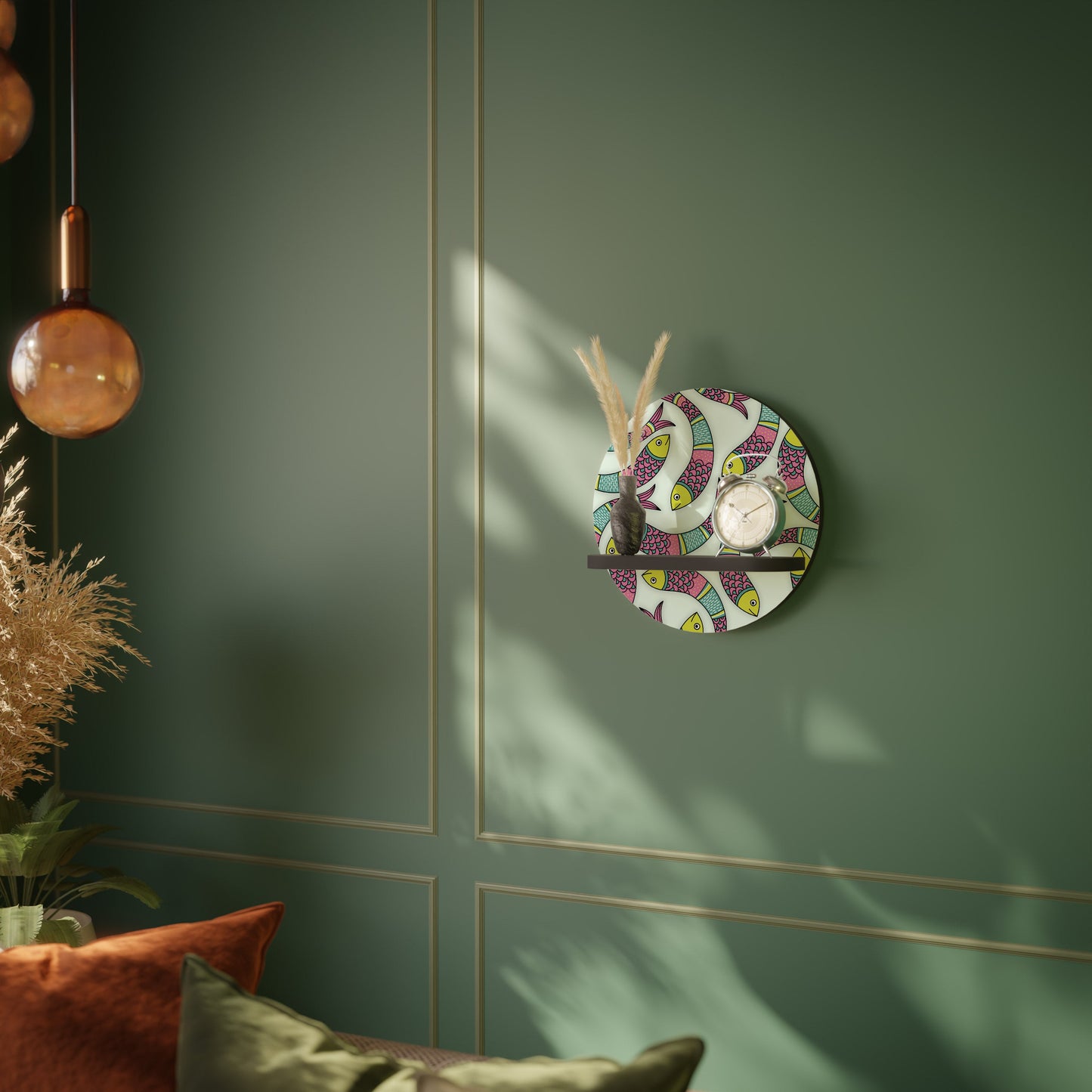 INDIAN FISH Round Art Shelf In Black Finish