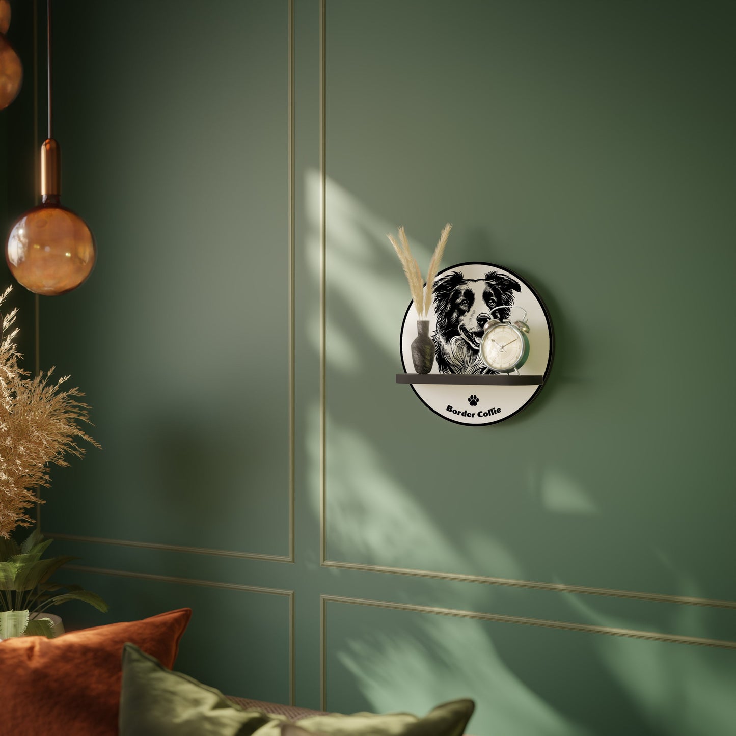 BORDER COLLIE Round Art Shelf In Black Finish