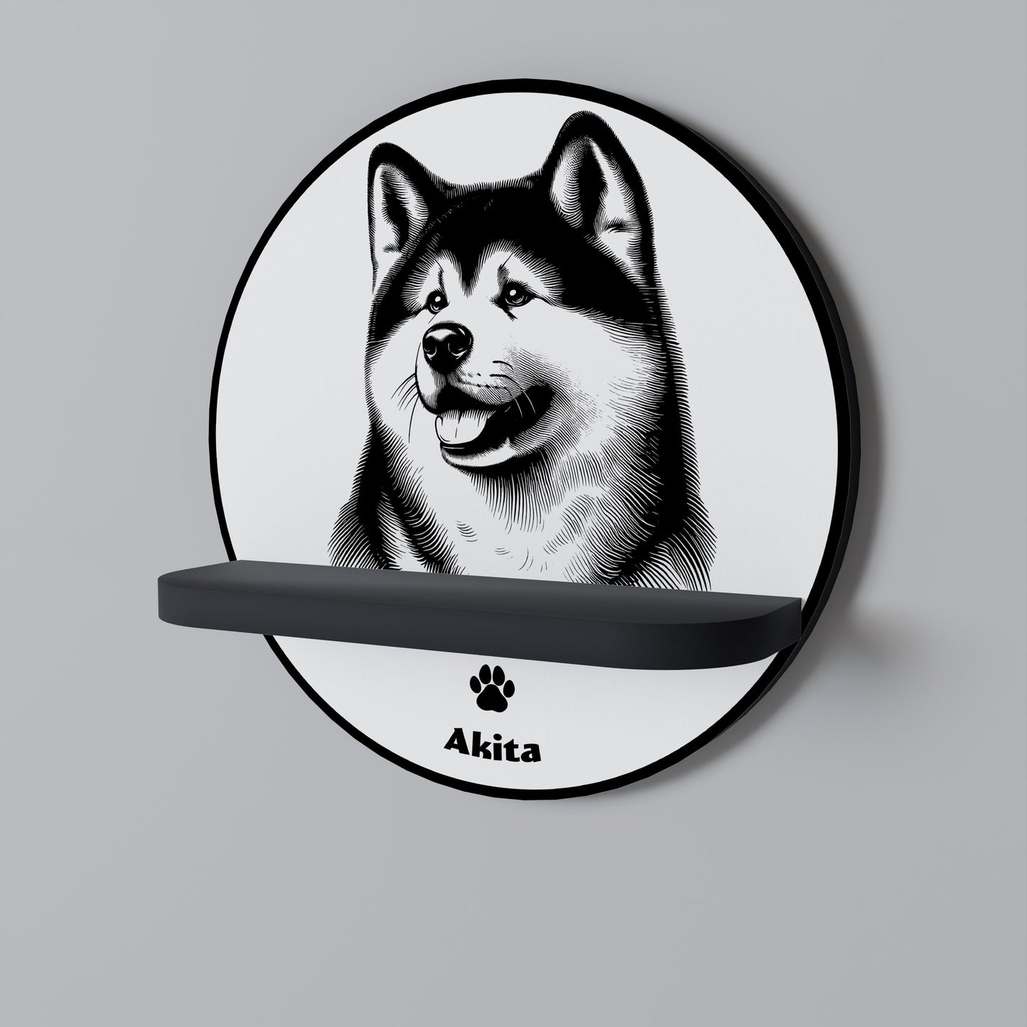 AKITA DOG Round Art Shelf In Black Finish