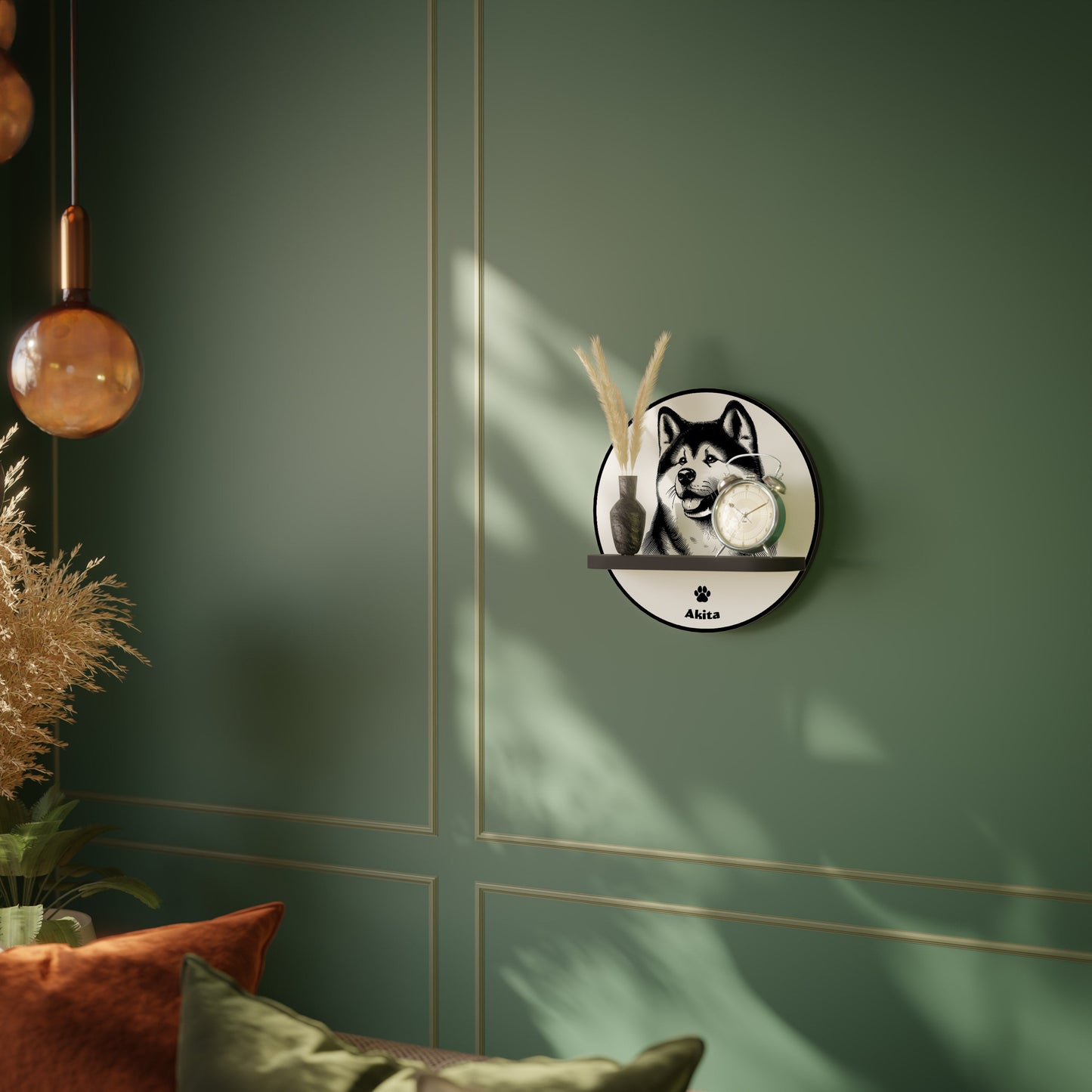 AKITA DOG Round Art Shelf In Black Finish