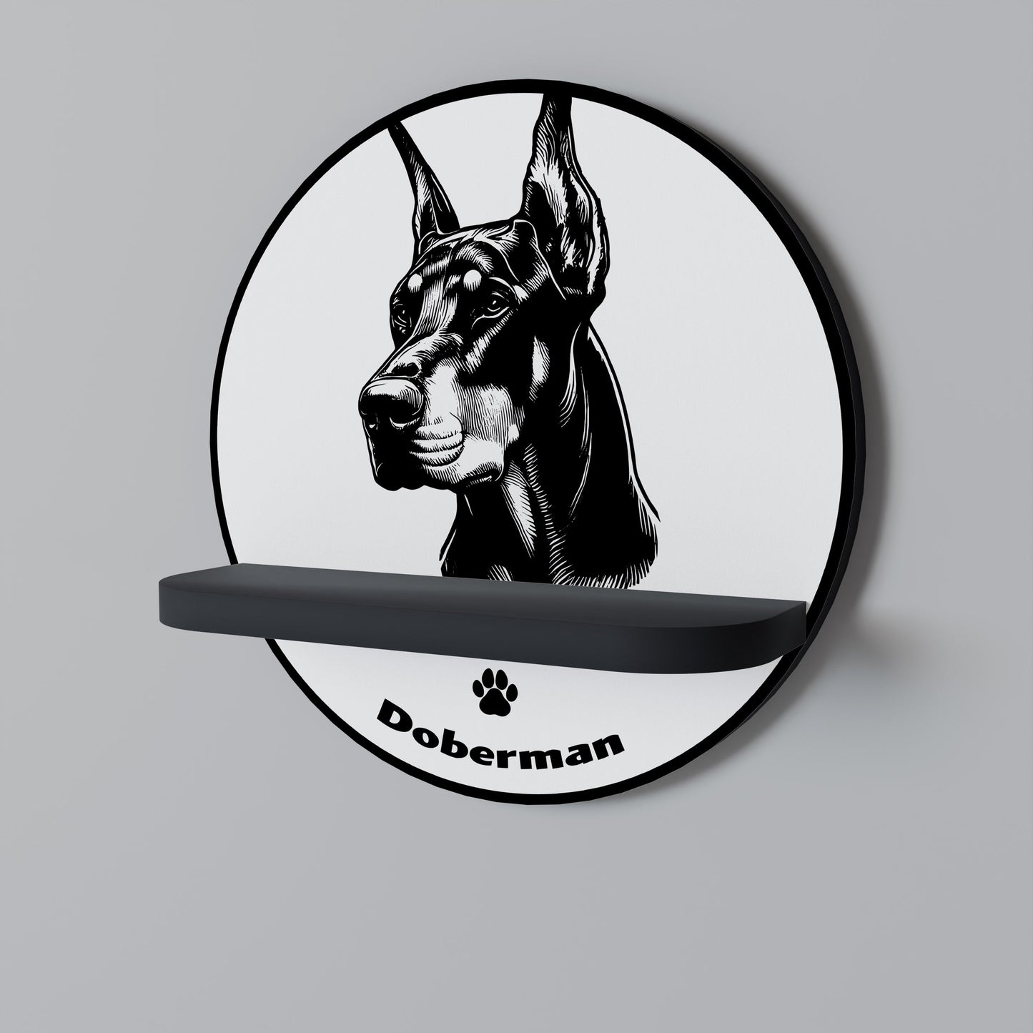 DOBERMAN DOG Round Art Shelf In Black Finish