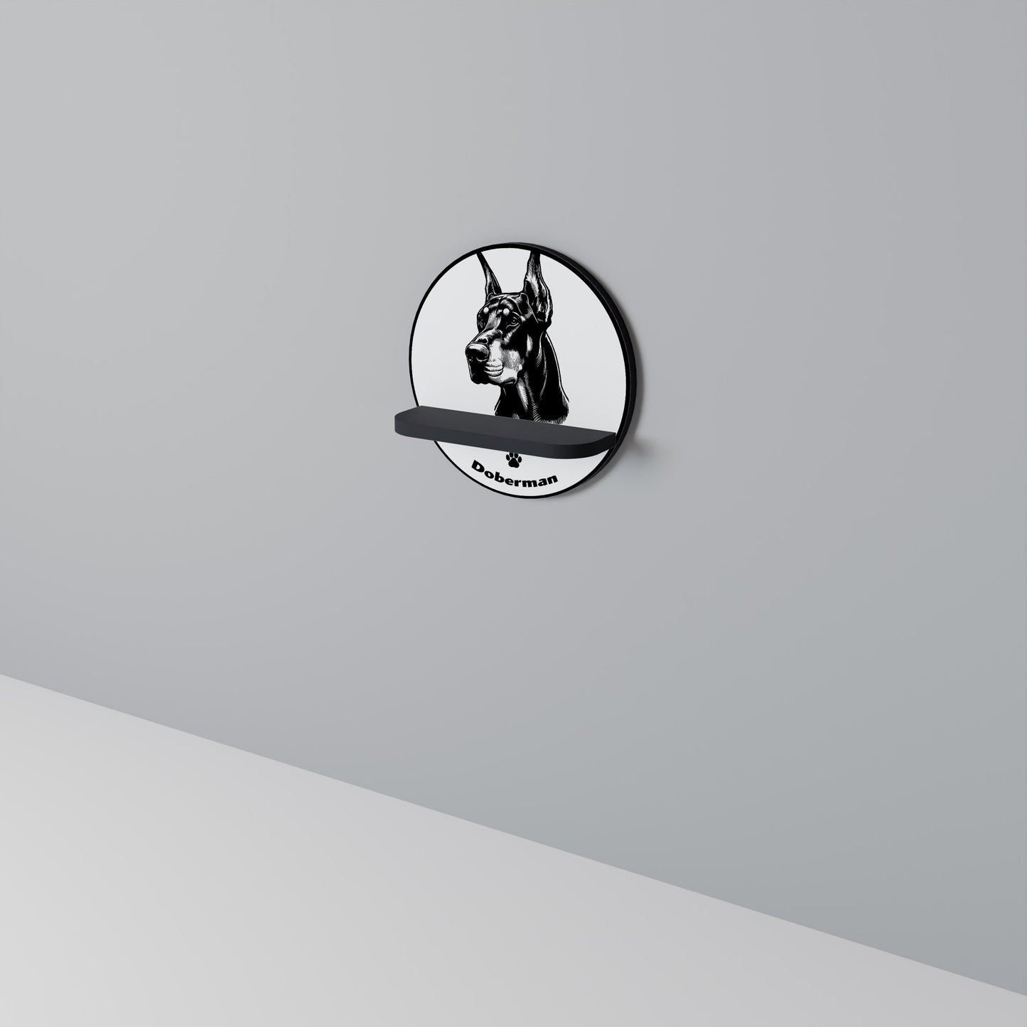 DOBERMAN DOG Round Art Shelf In Black Finish