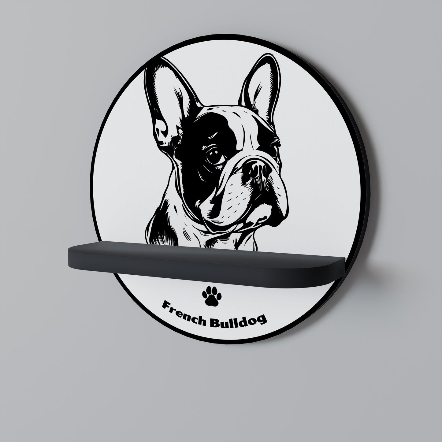 FRENCH BULLDOG Round Art Shelf In Black Finish