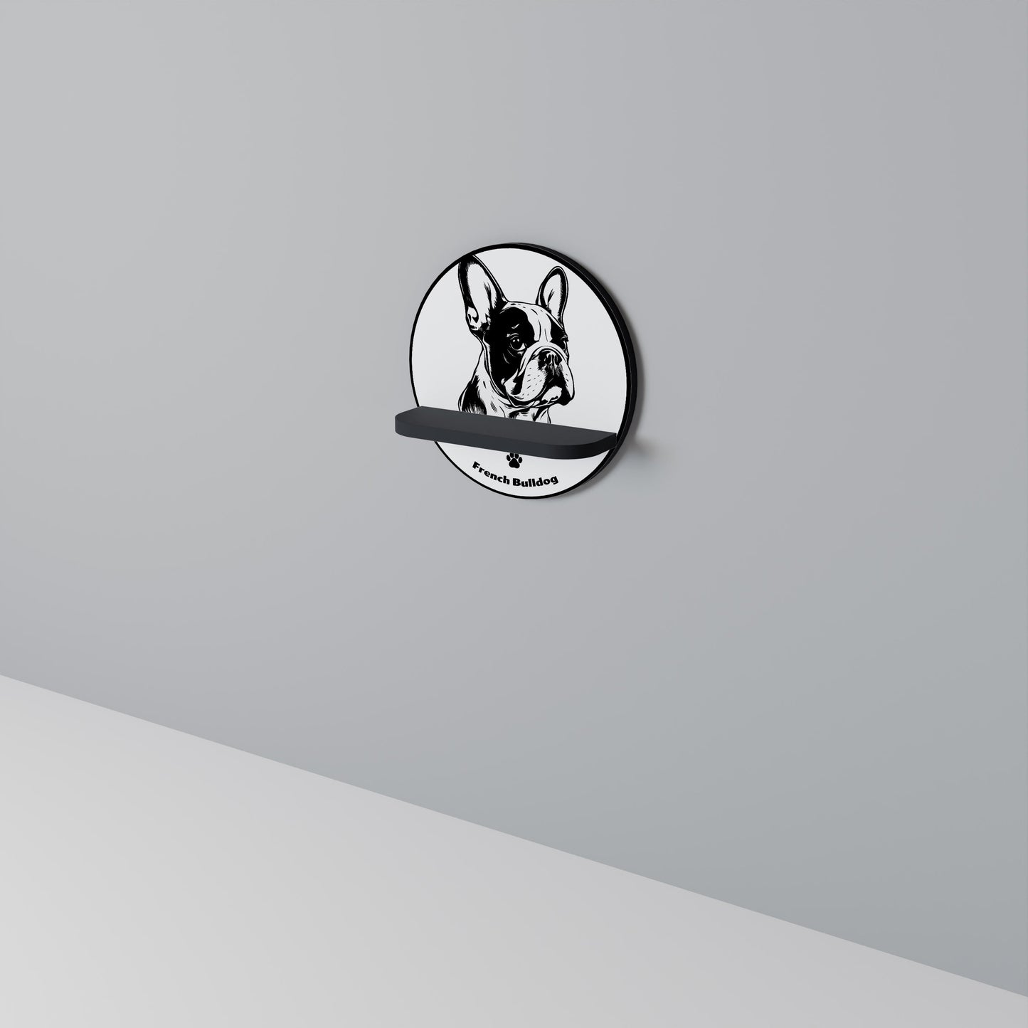 FRENCH BULLDOG Round Art Shelf In Black Finish