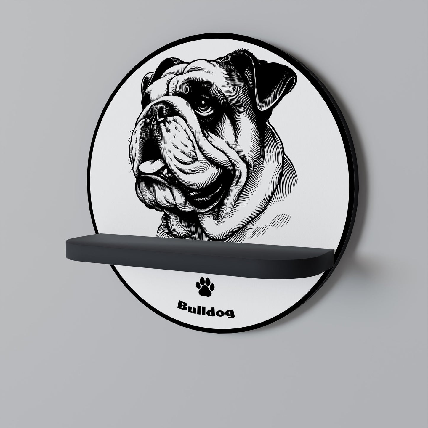BULLDOG DOG Round Art Shelf In Black Finish