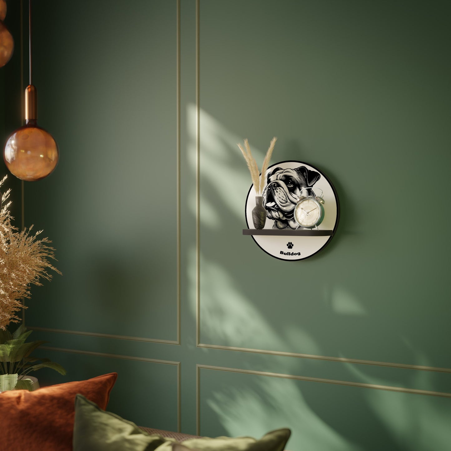 BULLDOG DOG Round Art Shelf In Black Finish