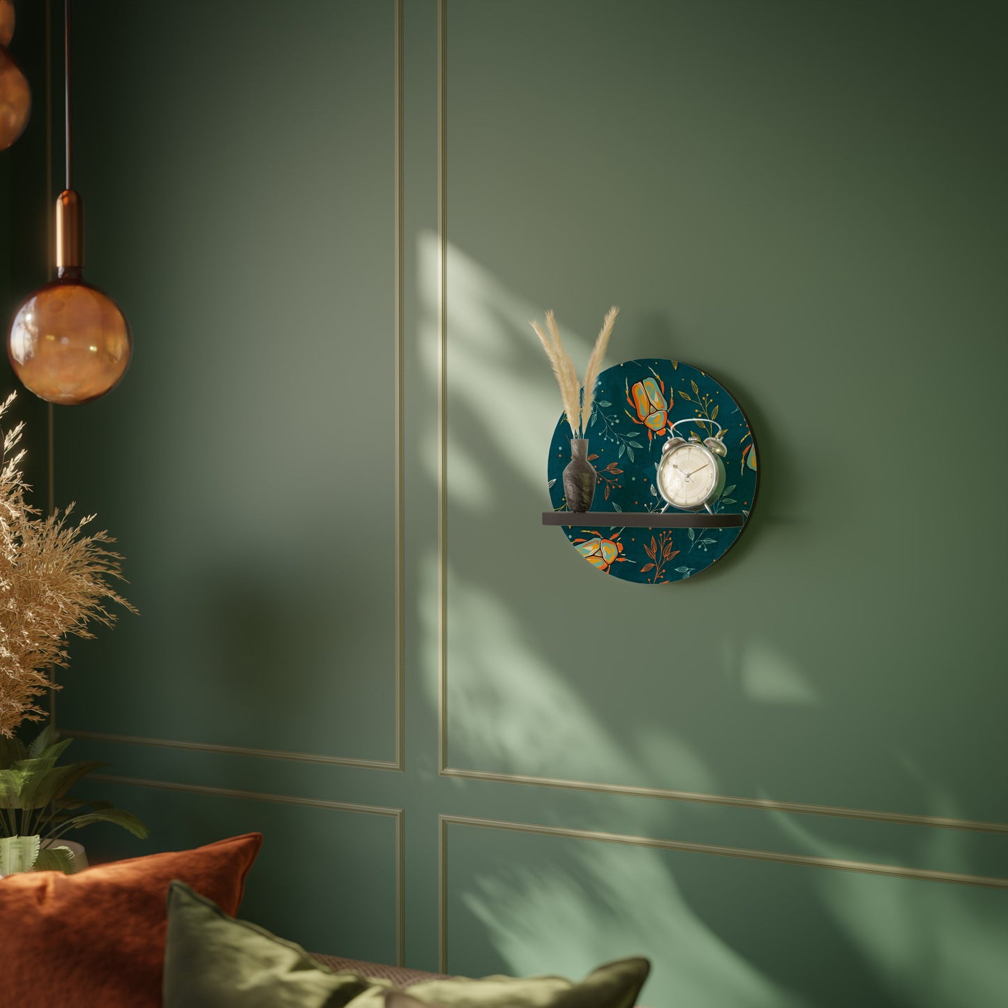 AUTUMN INSECTS Round Art Shelf In Black Finish