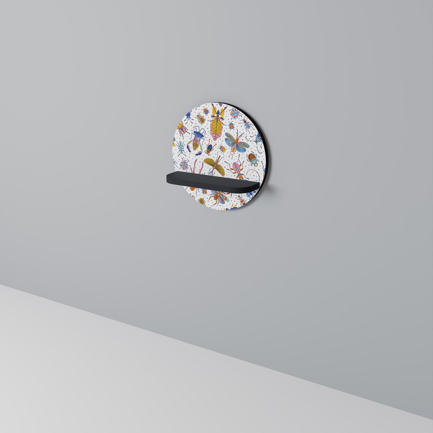 COLORFUL INSECTS Round Art Shelf In Black Finish