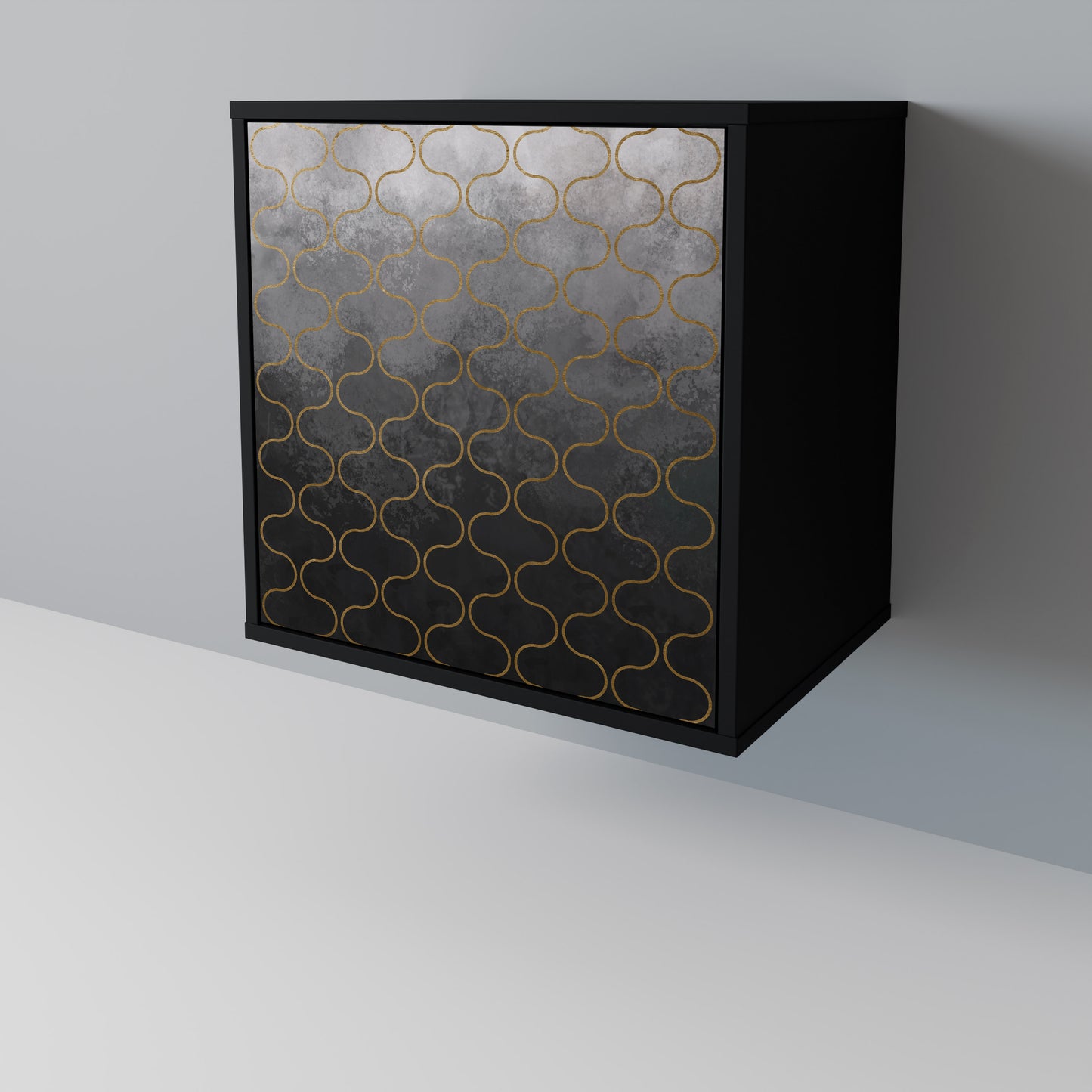 Credenza a 1 anta con finitura nera e motivo a tasselli grigiastro