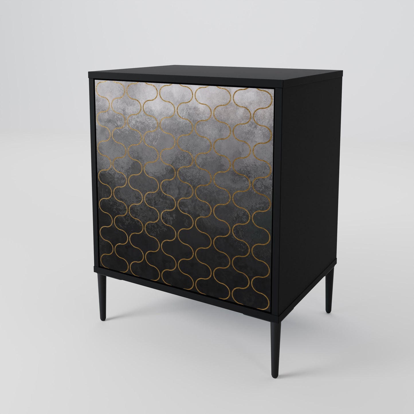 Credenza a 1 anta con finitura nera e motivo a tasselli grigiastro