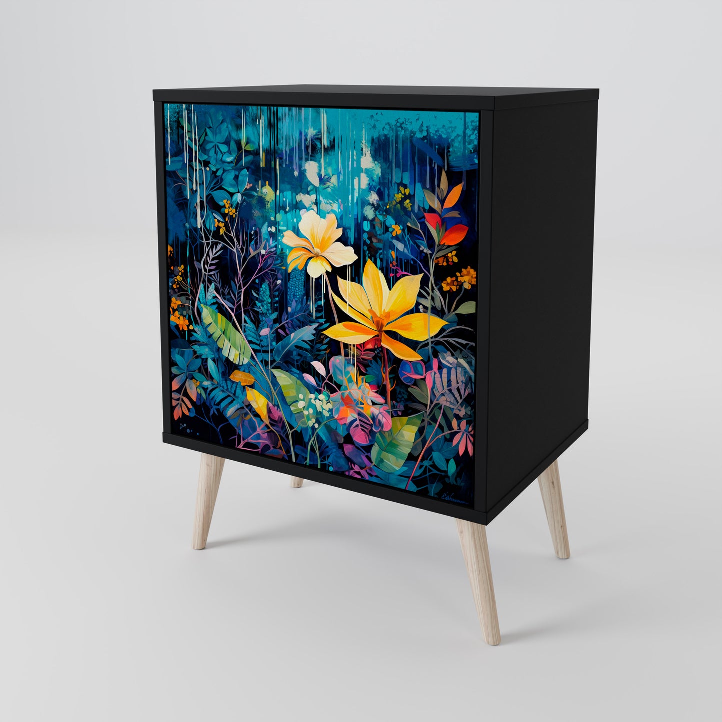 MIDNIGHT BLOSSOM 1-Door Sideboard in Black Finish