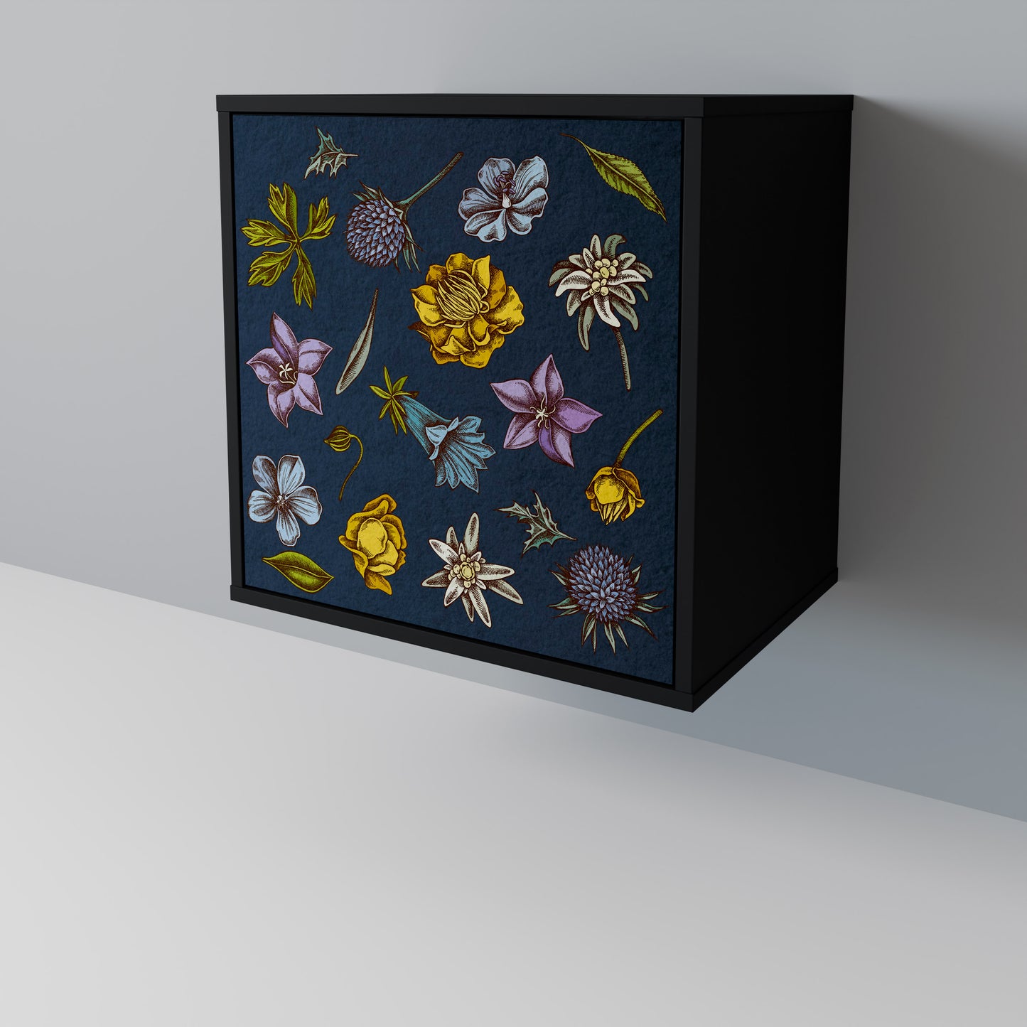 FLOWERS ON NAVY BLUE 1-Door Sideboard in Black Finish